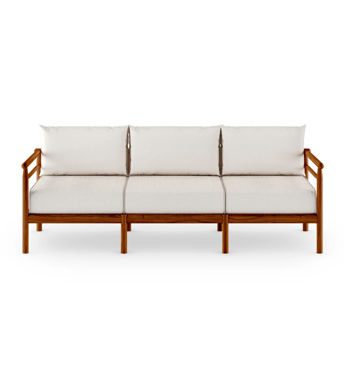 3 seater sofa with fabric upholstered cushions and honey-colored natural wood structure.
