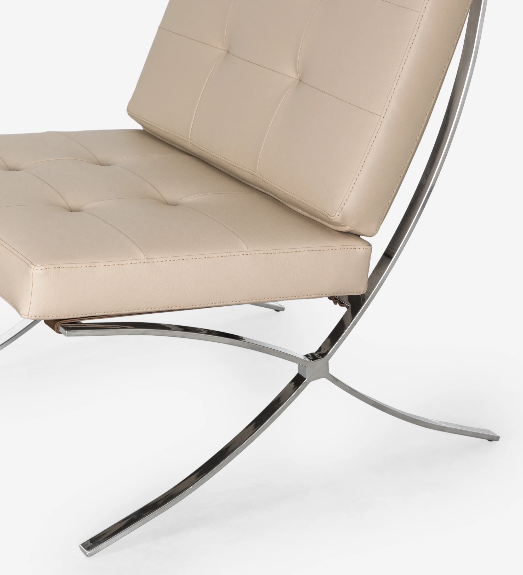 Barcelona armchair upholstered in beige eco-leather, stainless steel feet.