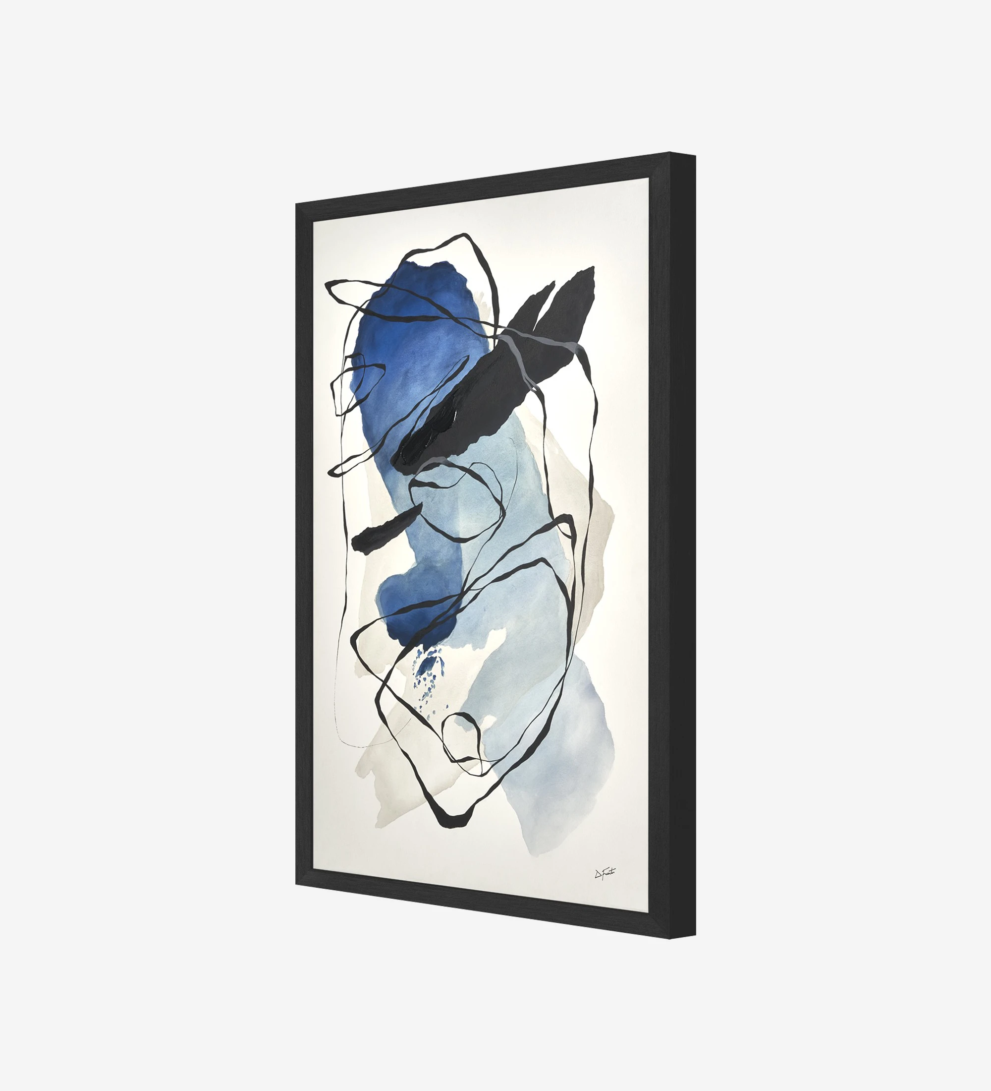 Peinture abstraite bleue, cadre en bois, 90 x 120 cm.