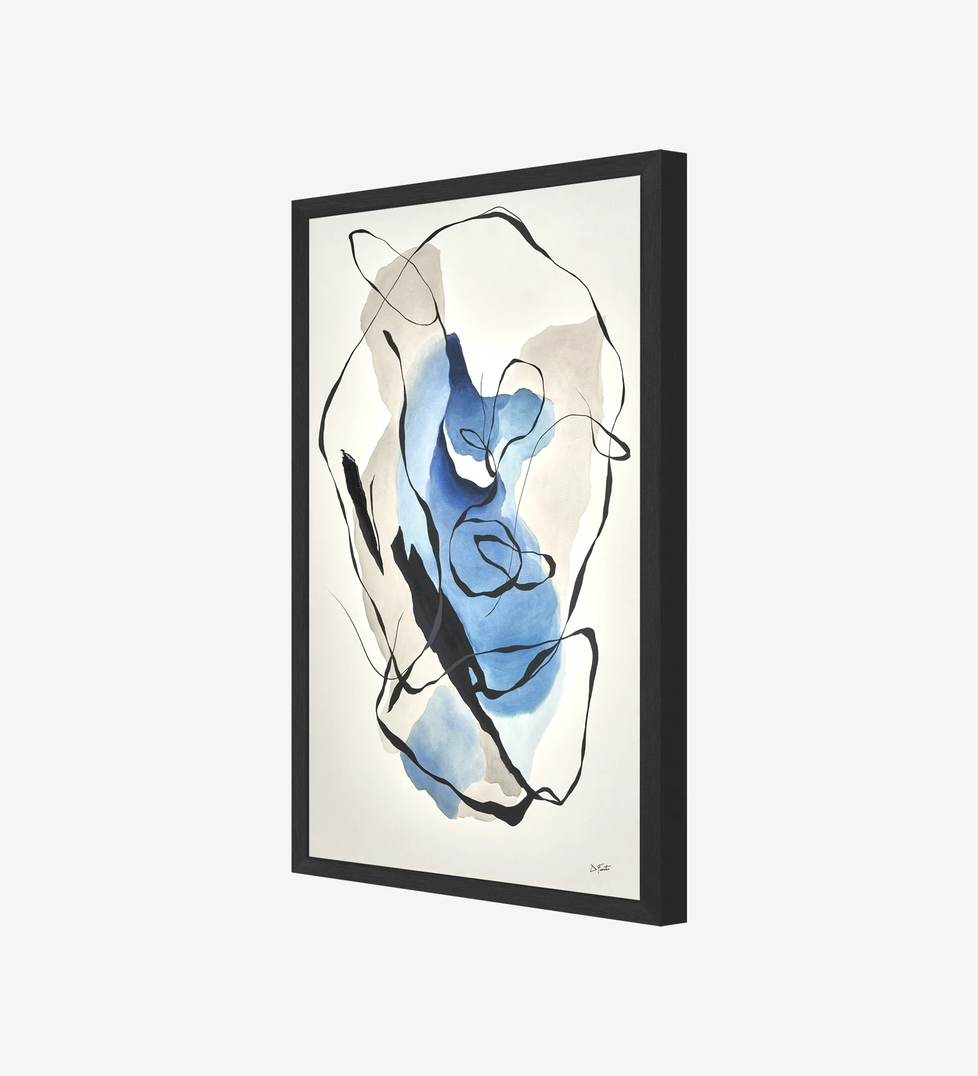 Peinture abstraite bleue, cadre en bois, 90 x 120 cm.