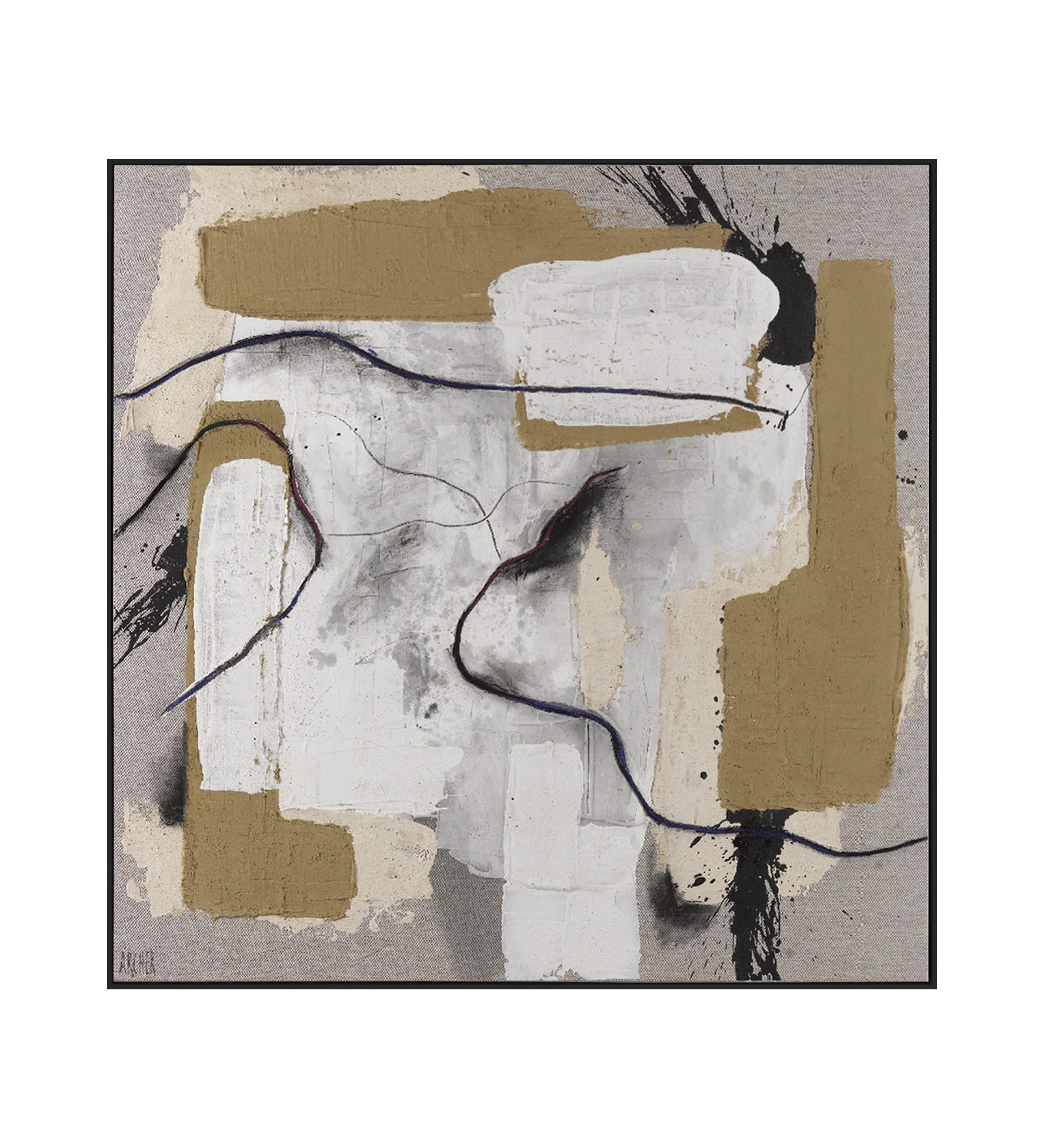 Abstract painting in camel tones, wooden frame, 120 x 120 cm.
