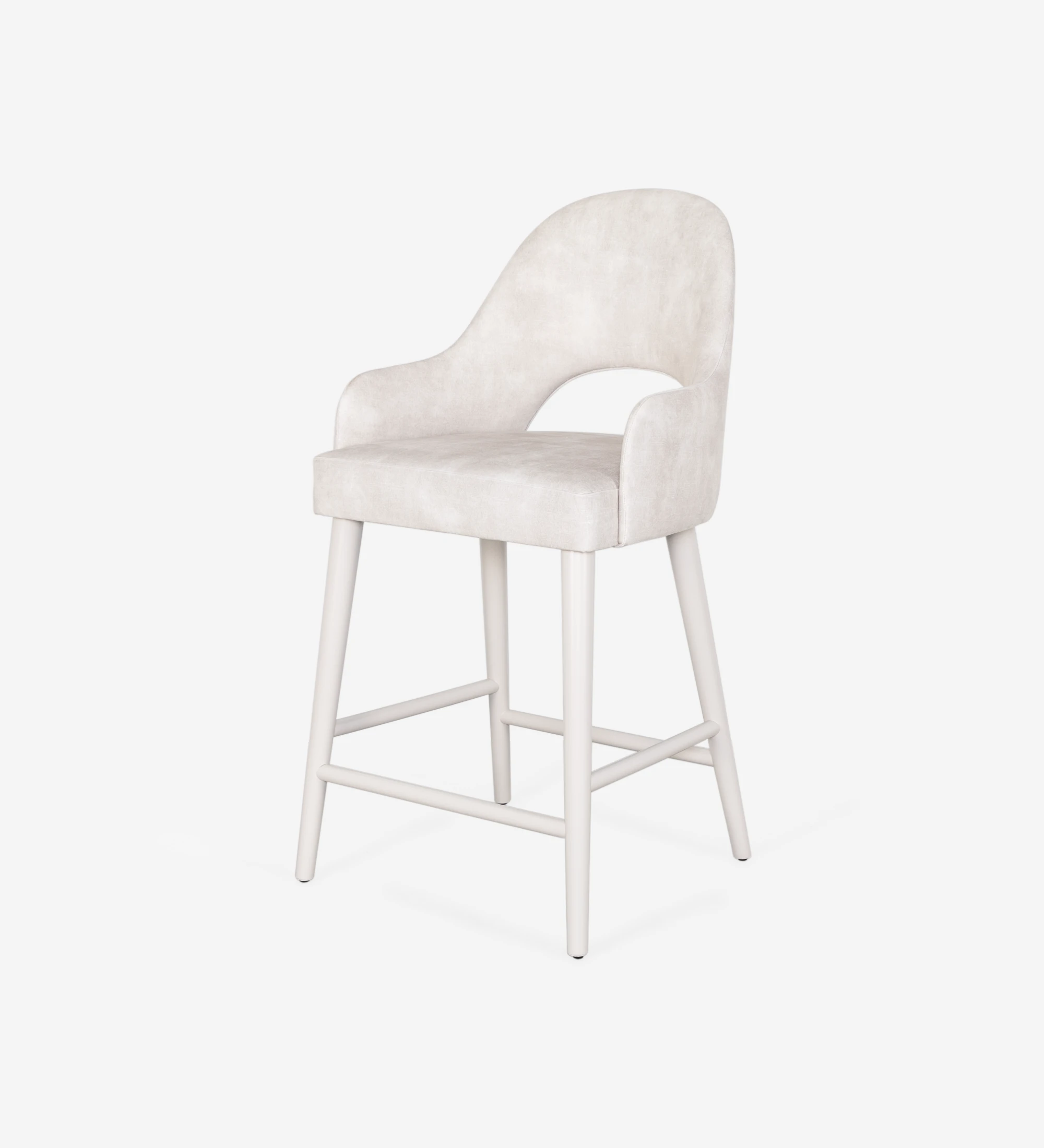 Paris high stool with arms upholstered in pearl fabric, pearl lacquered feet.