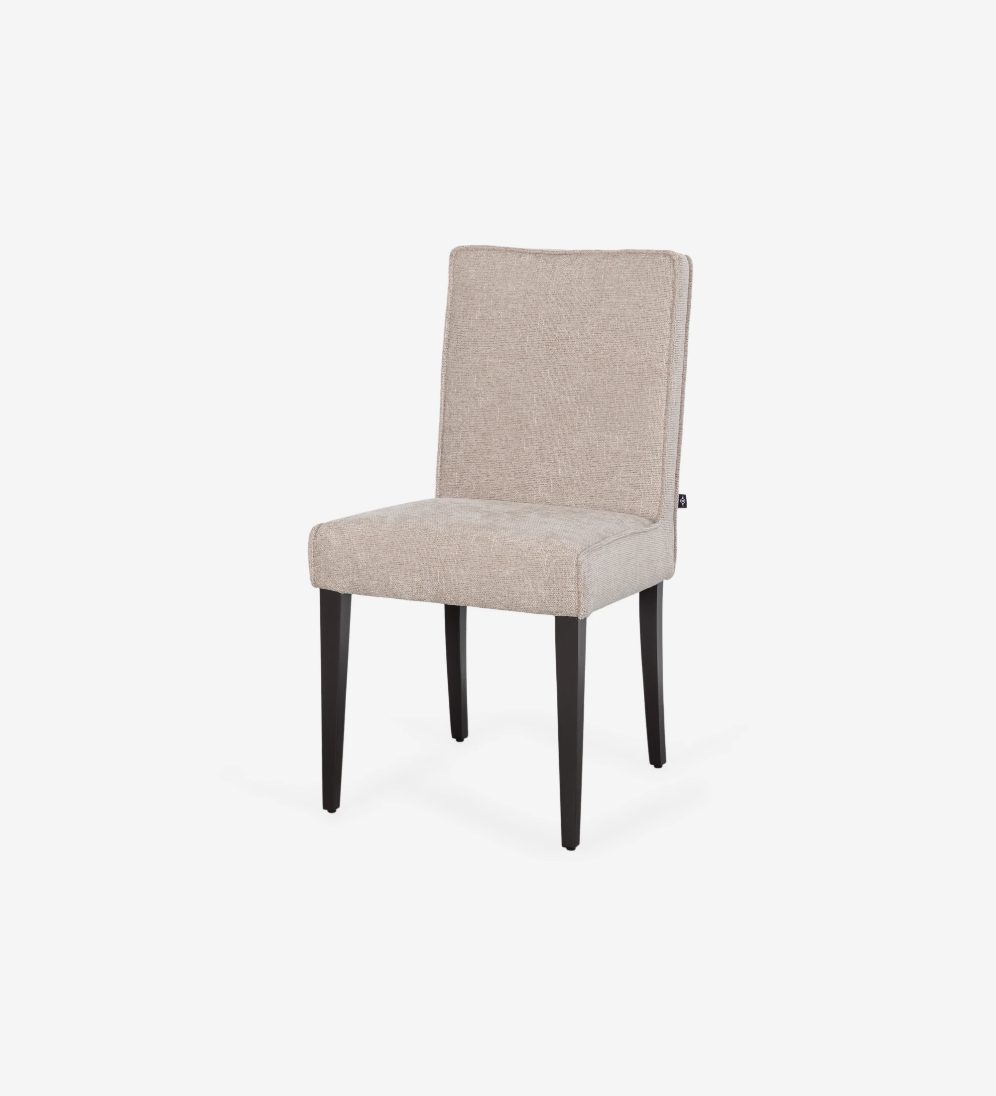 Rio chair upholstered in toffee fabric, black lacquered feet.