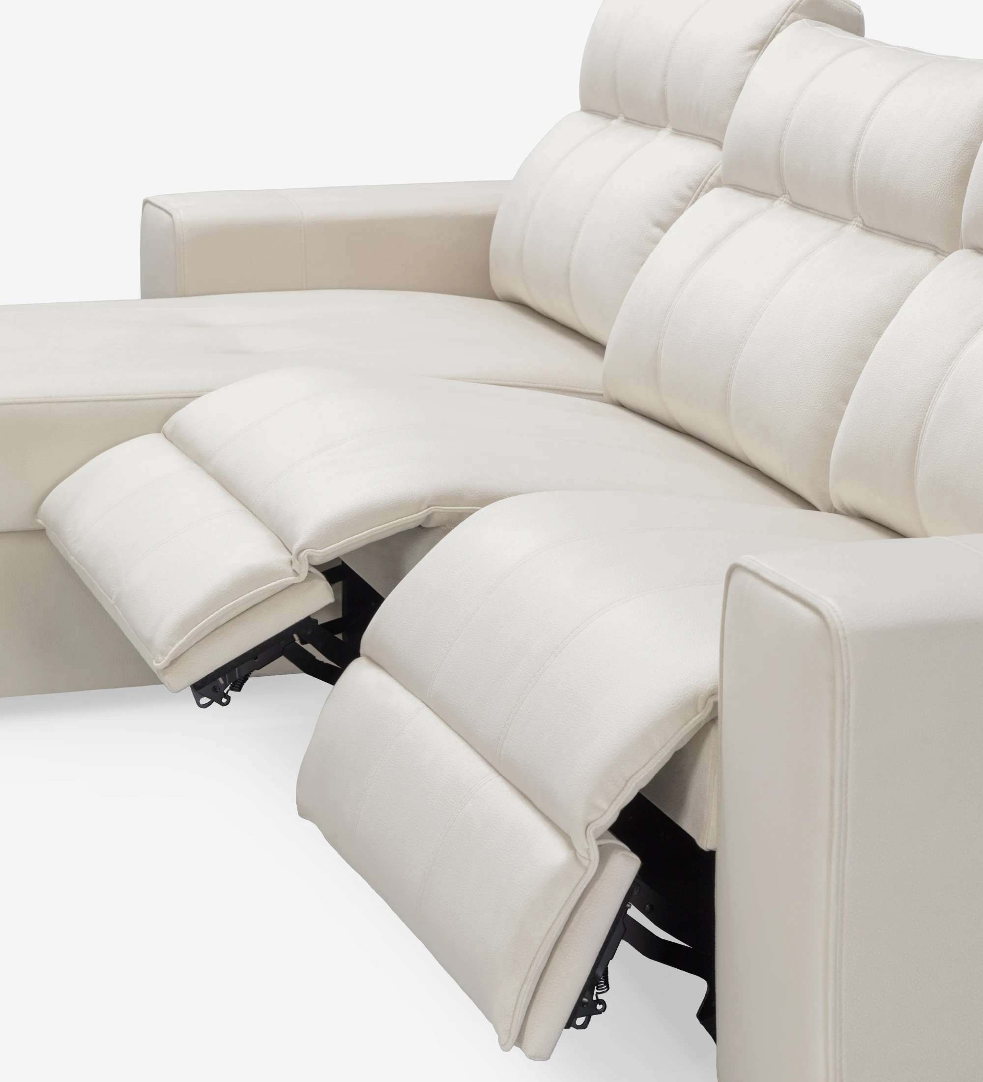 Canapé Nice 2 places et chaise longue droite, recouverts en tissu beige, système relax, rangement sur la chaise longue, 287 cm.