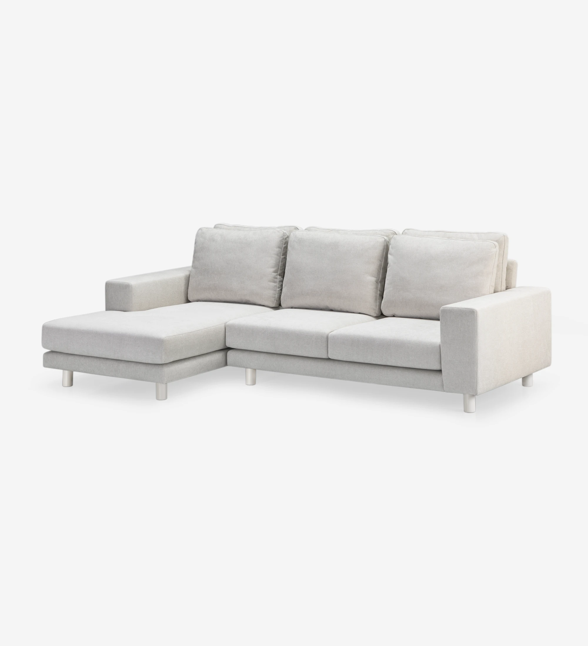 Sofá Dallas 2 plazas y chaise longue izquierda, tapizado en tela beige, cojines respaldo abatibles, pies lacados perla, 273 cm.