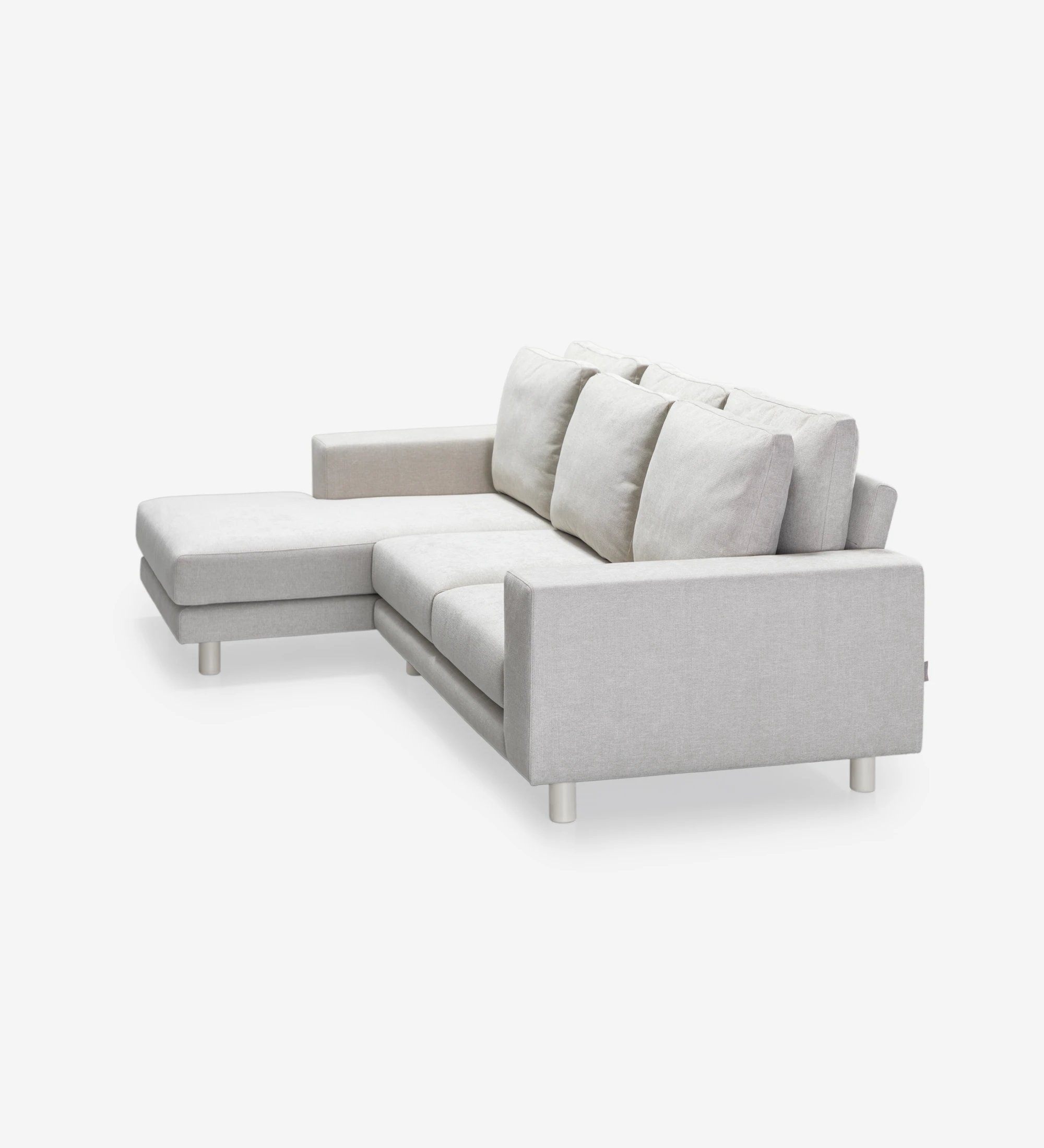Canapé Dallas 2 places avec chaise longue gauche, recouvert en tissu beige, coussins de dossier rabattables, pieds laqué perle, 273 cm.
