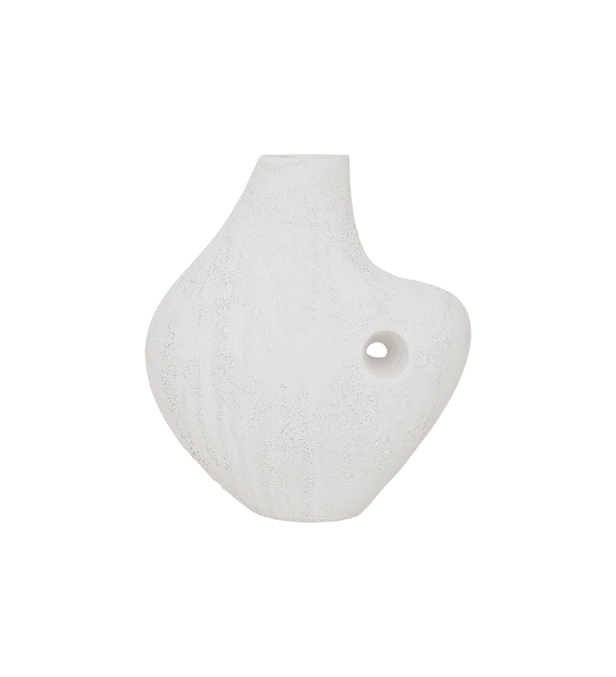Handmade vase with handmade ceramic structure in pearl color and with sandy texture.