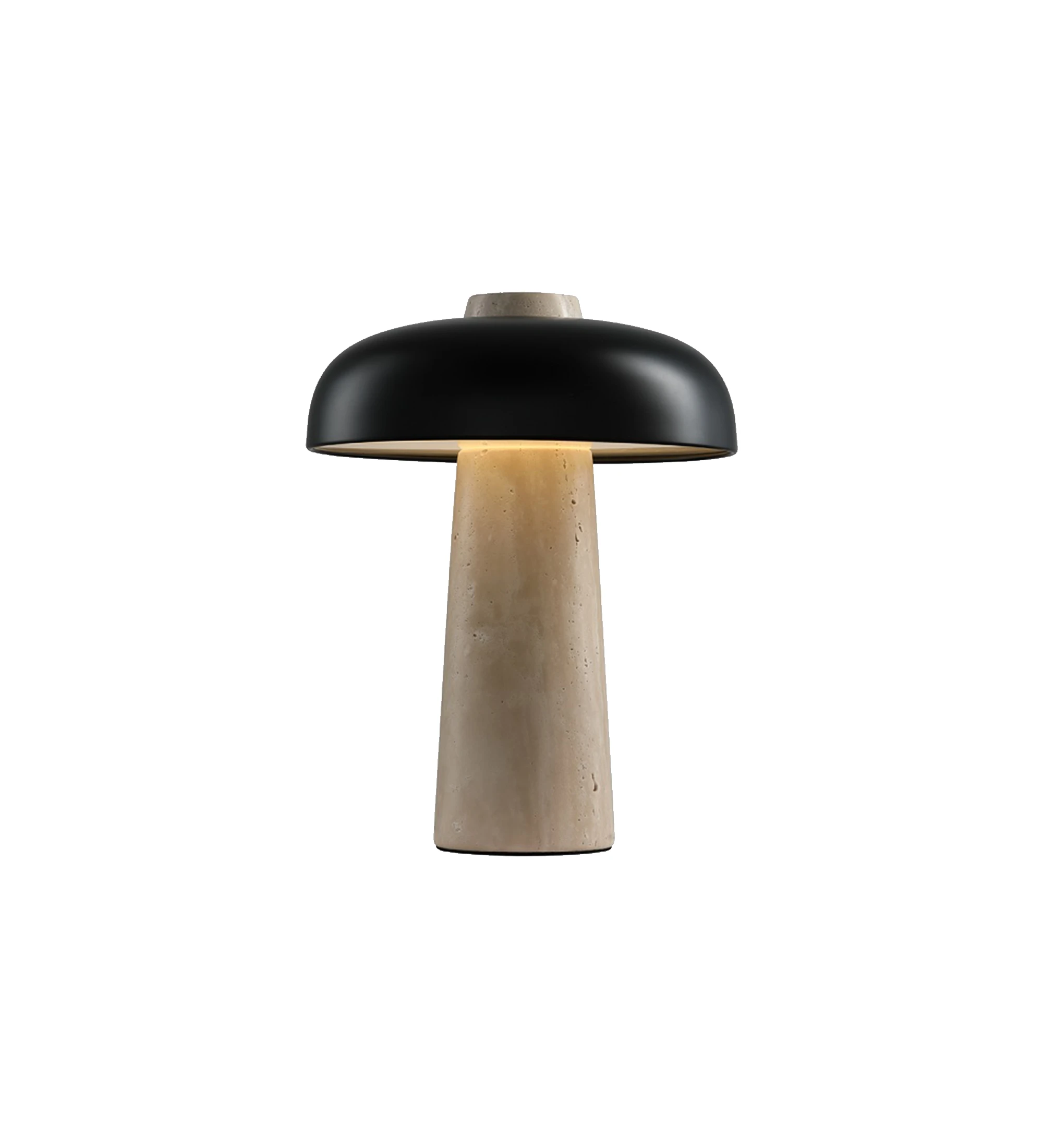 Lampe de table avec base en pierre beige et abat-jour en aluminium noir.