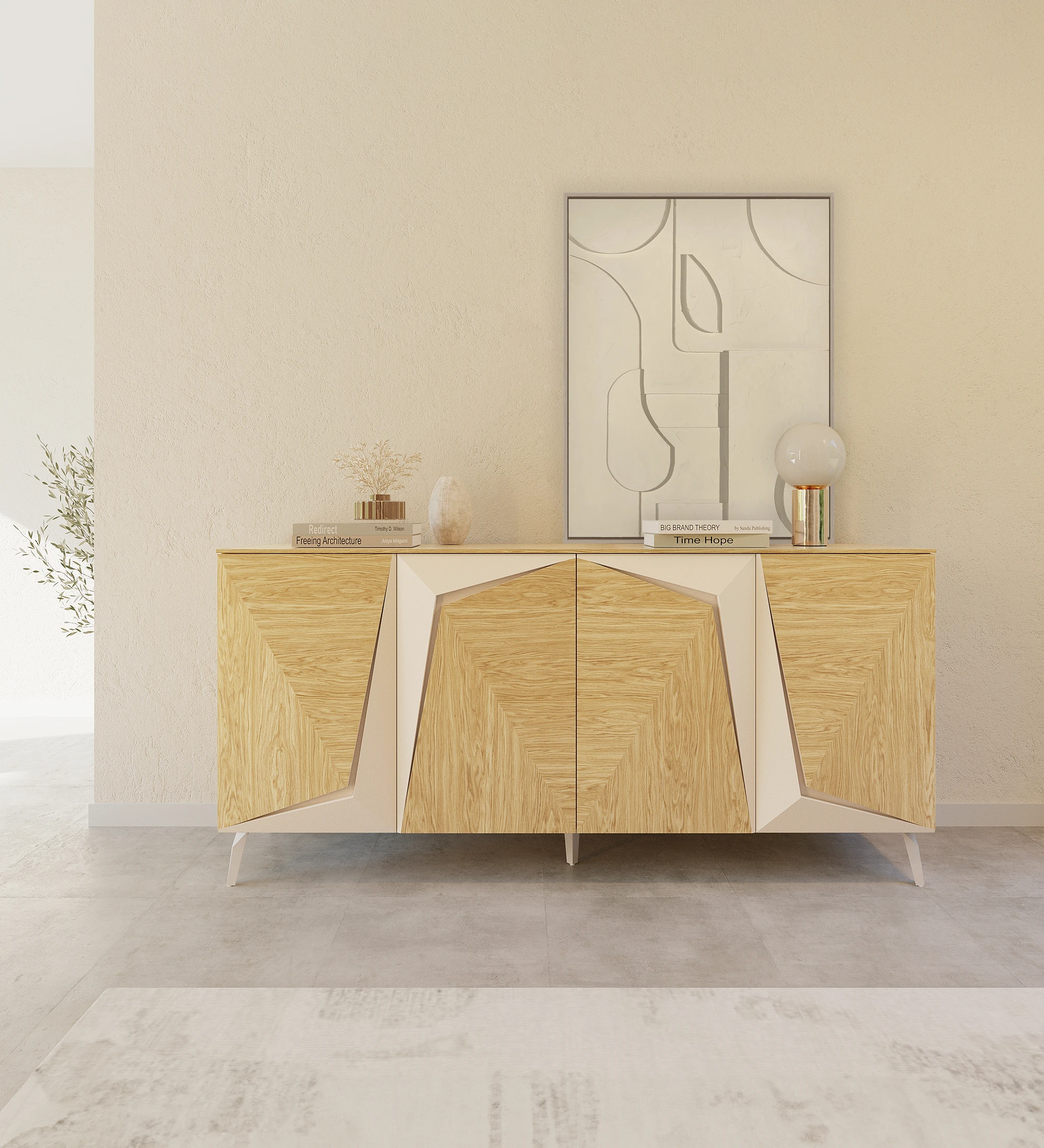 Sideboard with 4 doors in natural oak with pearl details, with natural oak structure and pearl lacquered metal base.