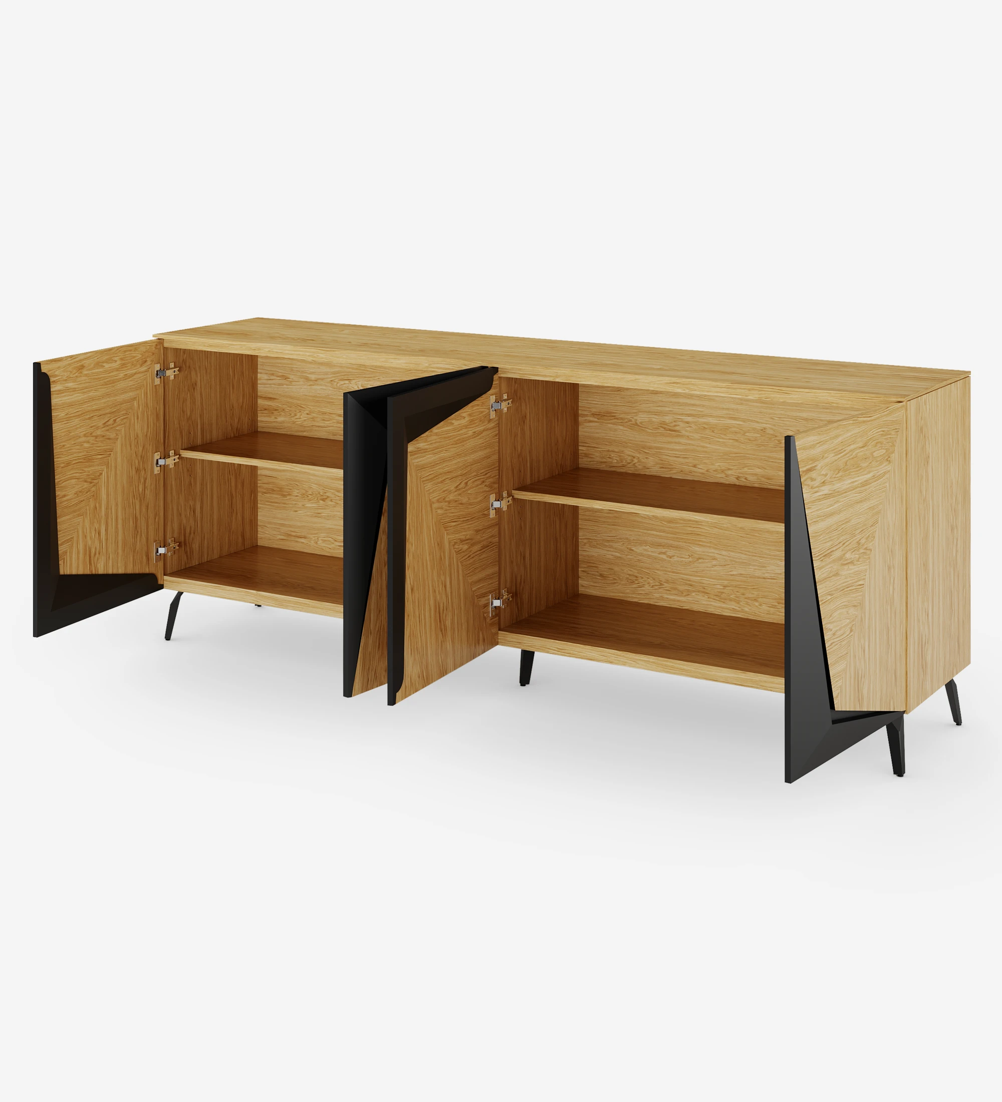 Sideboard with 4 doors in natural oak with black details, with natural oak structure and black lacquered metal base.