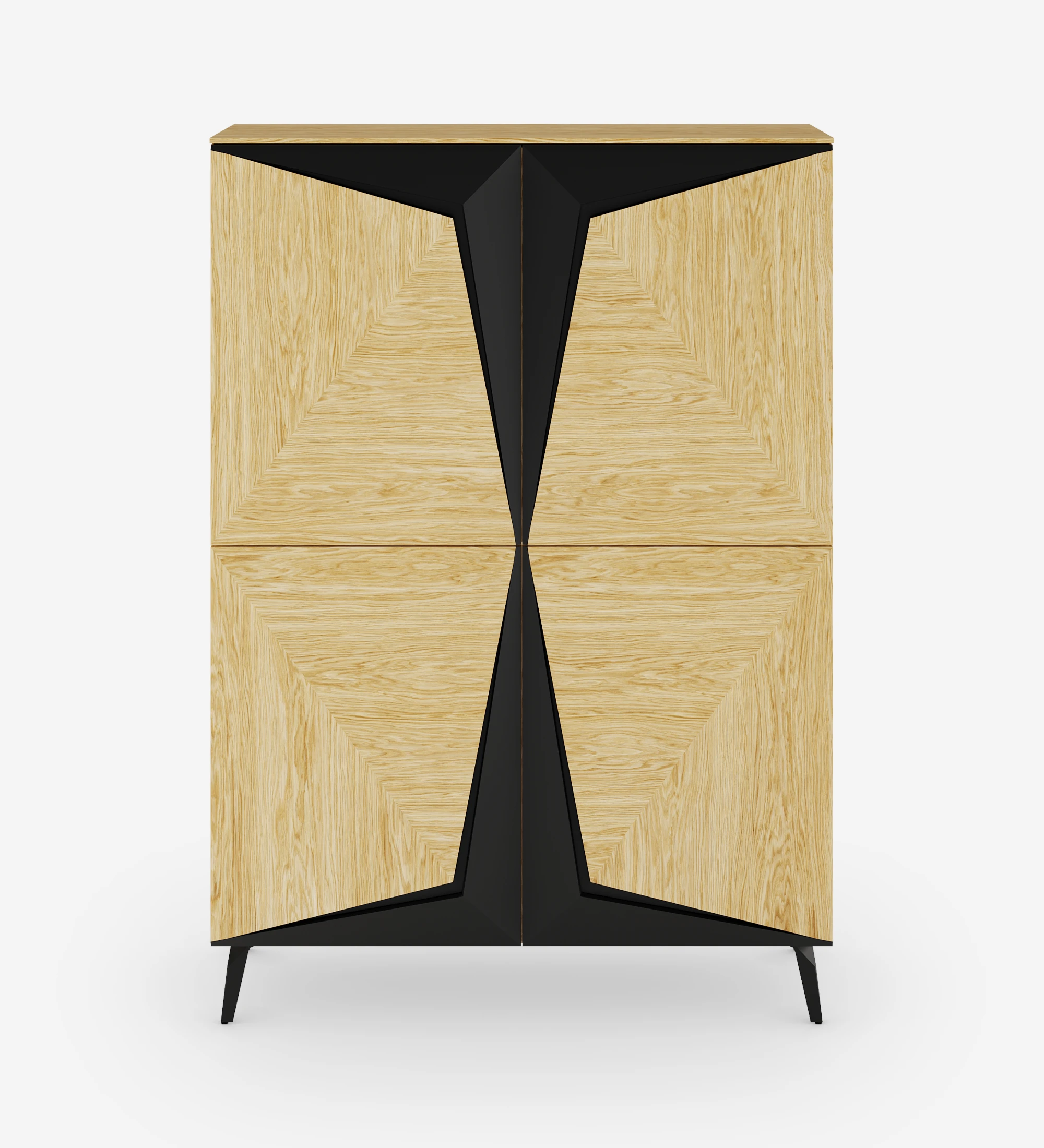 Cupboard with 4 doors in natural oak with black details, with natural oak structure and black lacquered metal base.