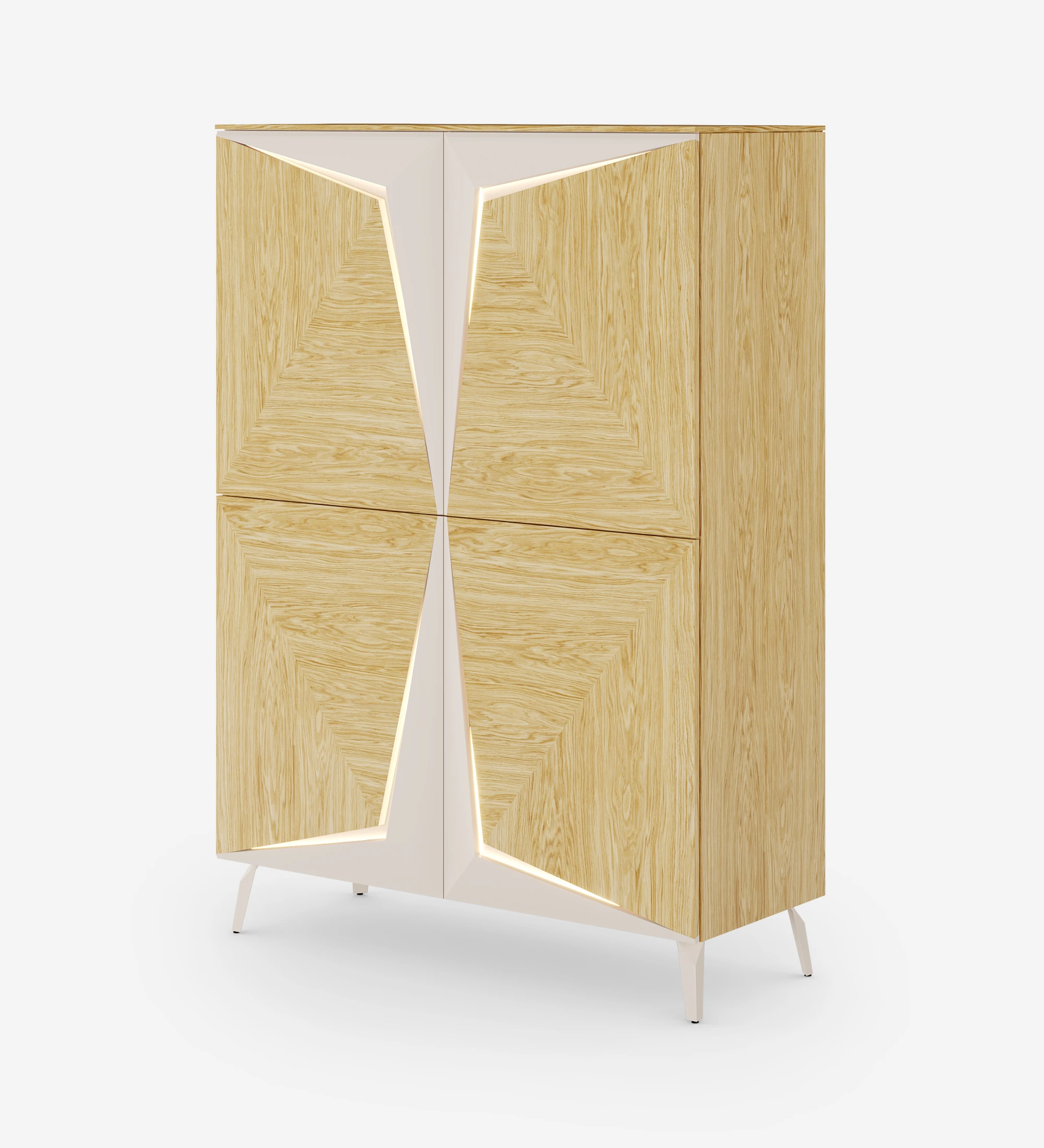 Cupboard with lighting, 4 doors in natural oak with pearl details, with natural oak structure and metal foot lacquered in pearl.