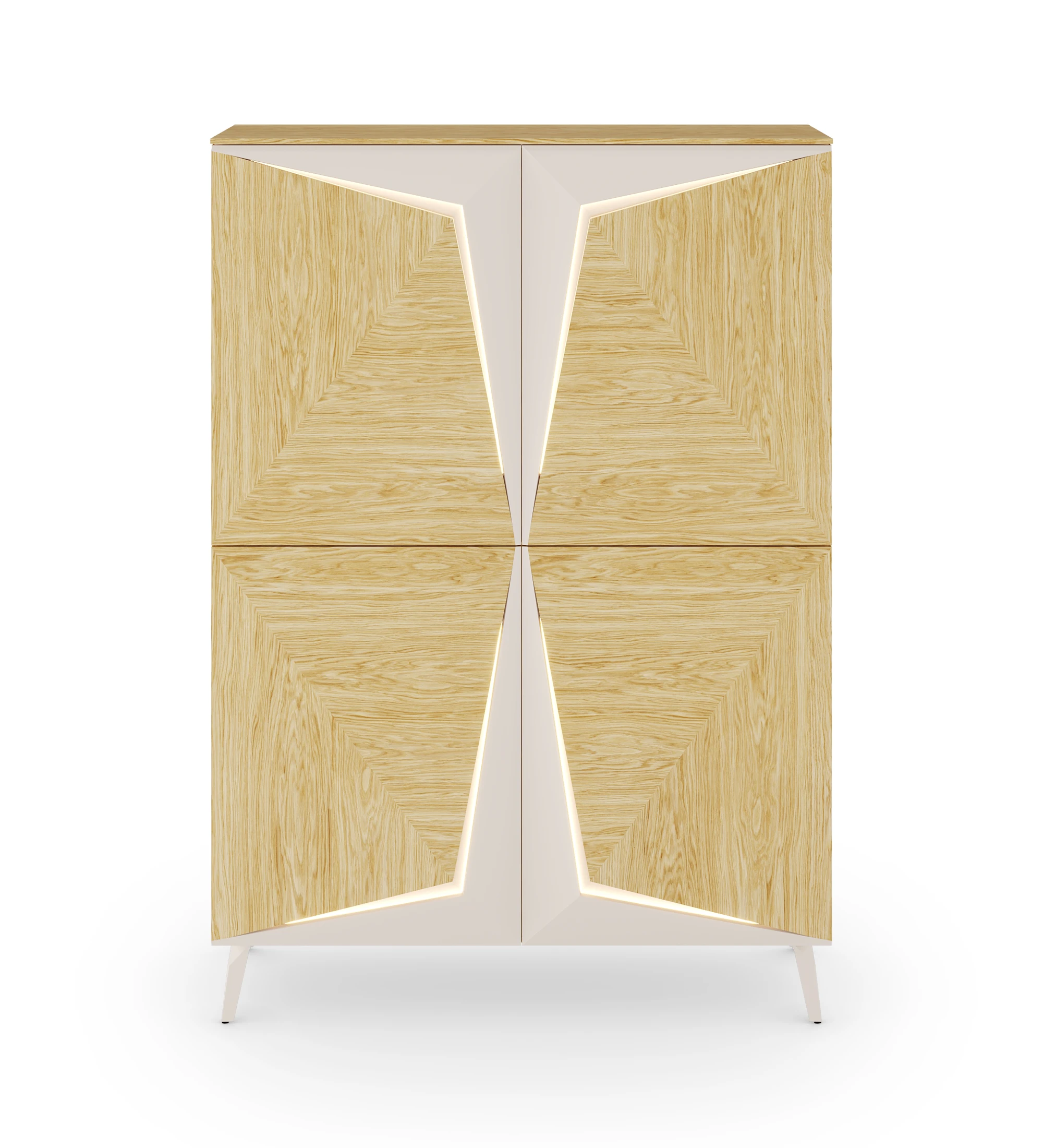 Cupboard with lighting, 4 doors in natural oak with pearl details, with natural oak structure and metal foot lacquered in pearl.