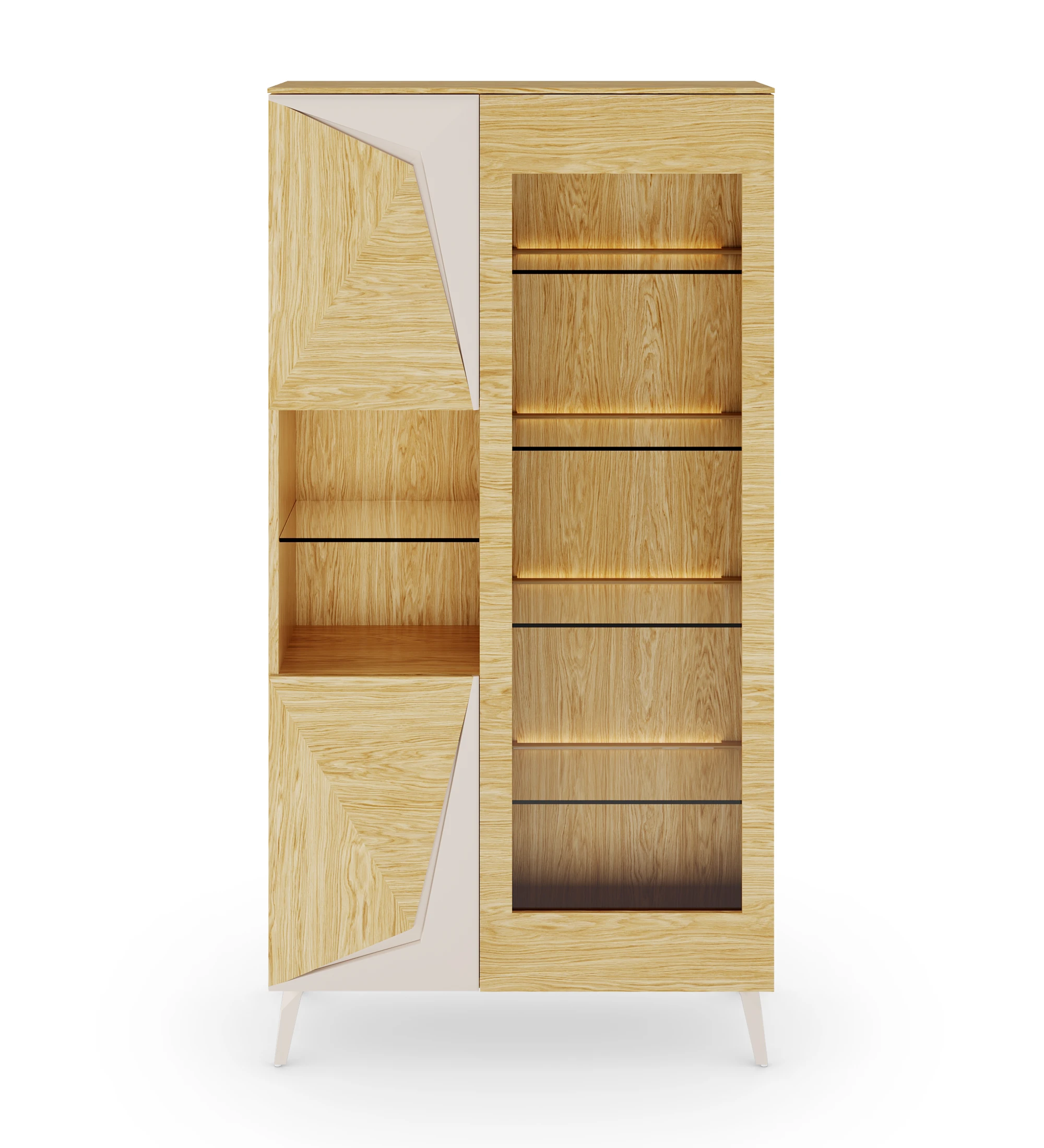 Showcase with 4 doors in natural oak with pearl details, with natural oak structure and metal base lacquered in pearl.