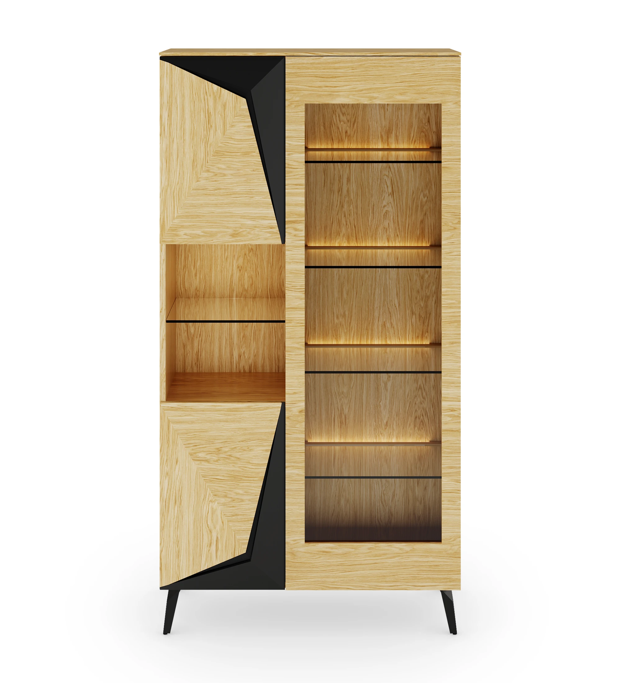 Showcase with 4 doors in natural oak with black details, with natural oak structure and black lacquered metal base.