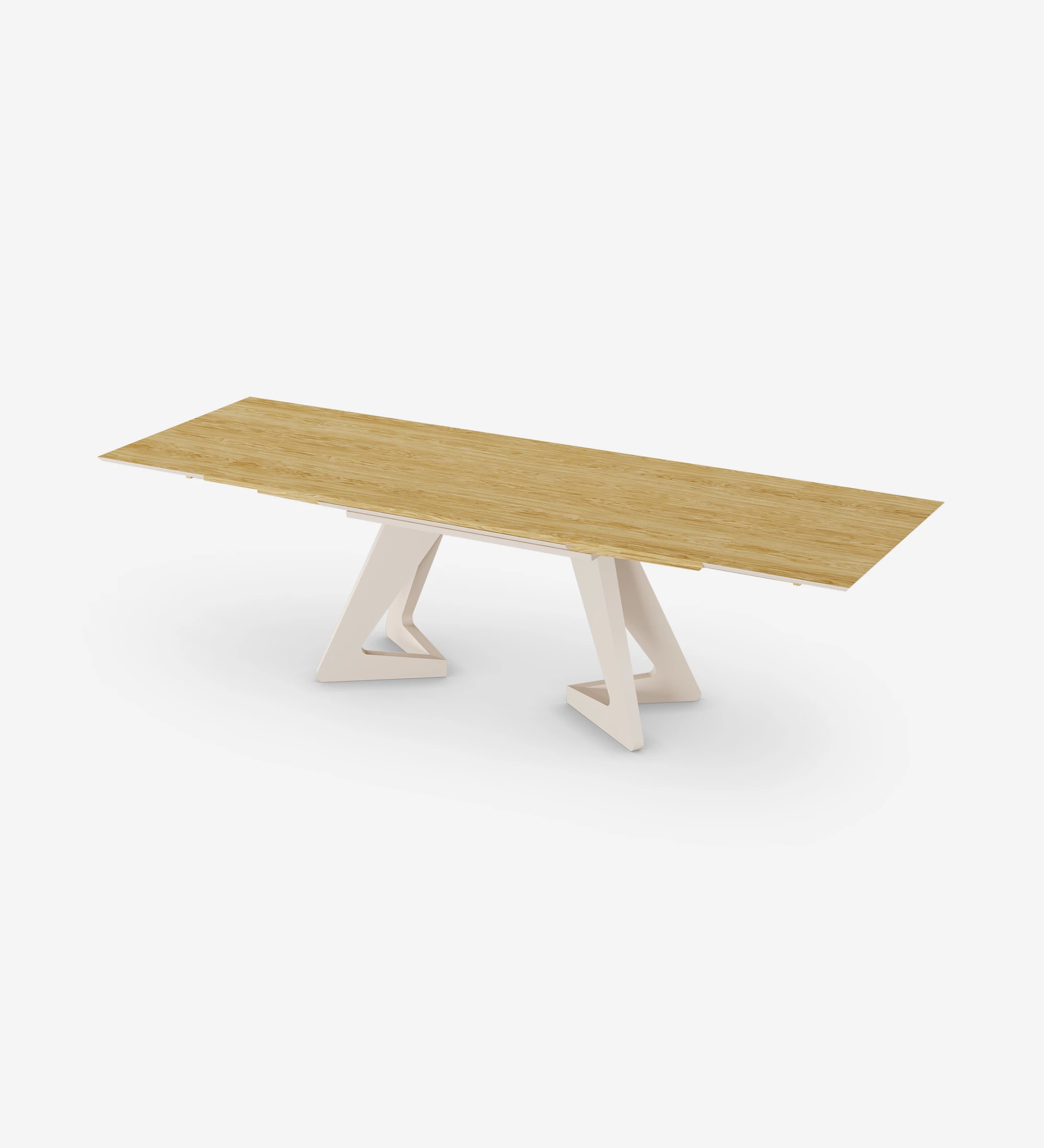 Évora extendable dining table in natural oak and pearl lacquered metal base.