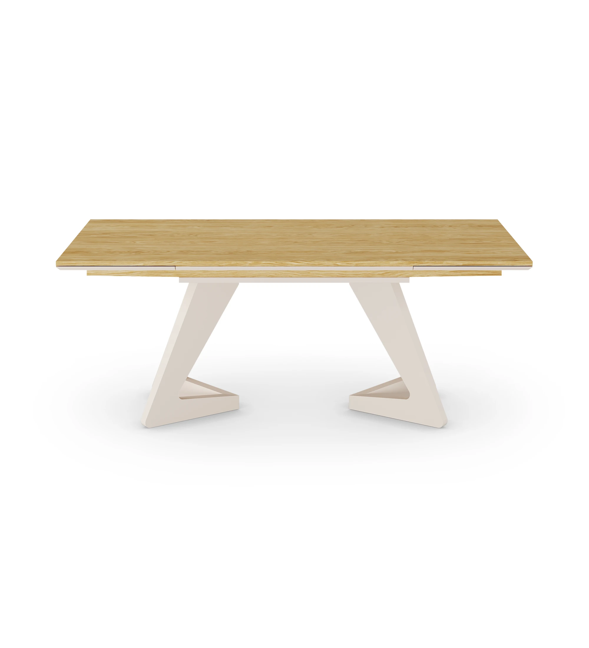 Évora extendable dining table in natural oak and pearl lacquered metal base.