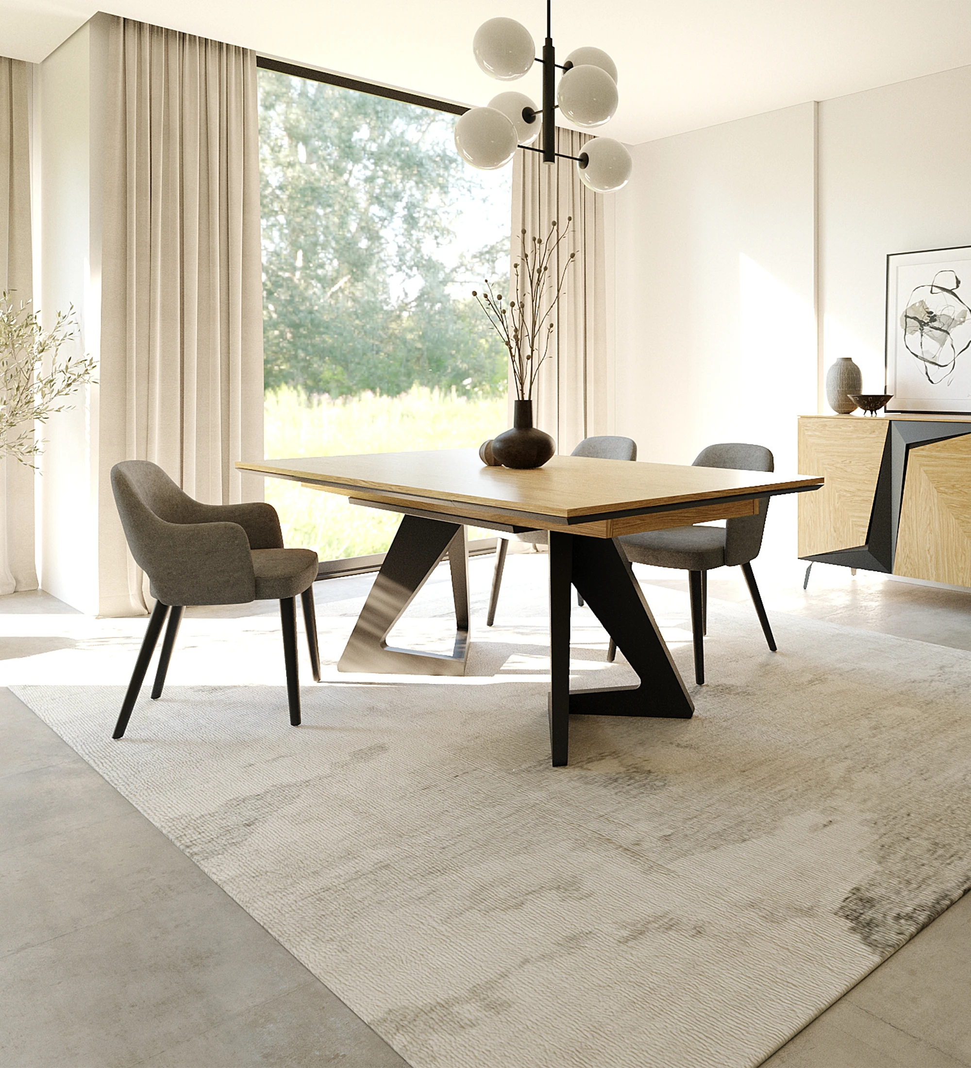 Évora extendable dining table in natural oak and black lacquered metal base.