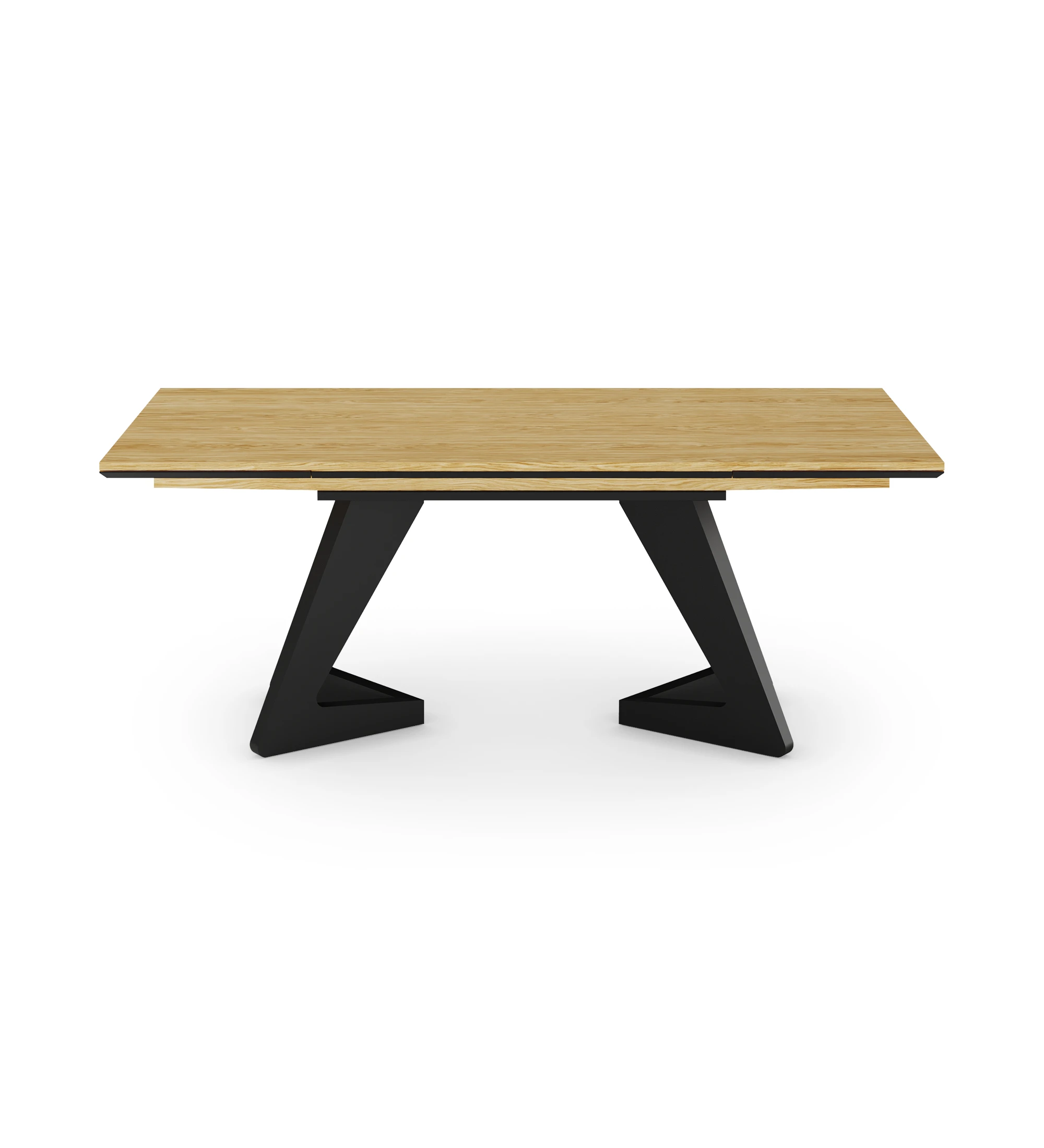 Évora extendable dining table in natural oak and black lacquered metal base.