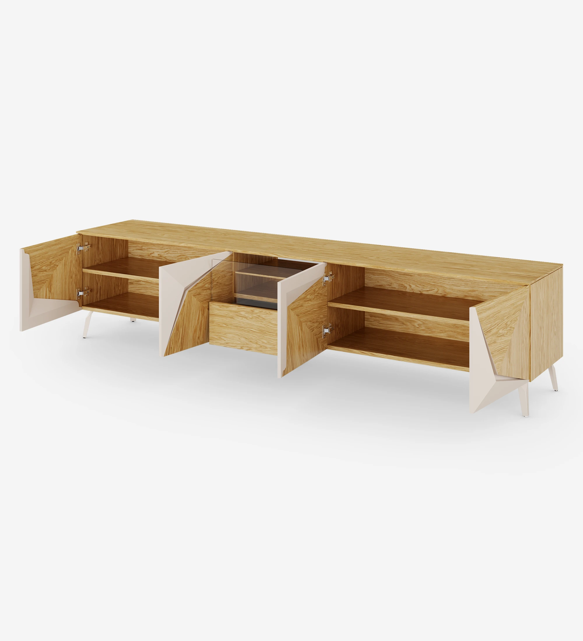 Évora TV stand with 4 doors and a drawer in natural oak with pearl details on the doors, with natural oak structure and metal foot lacquered in pearl.