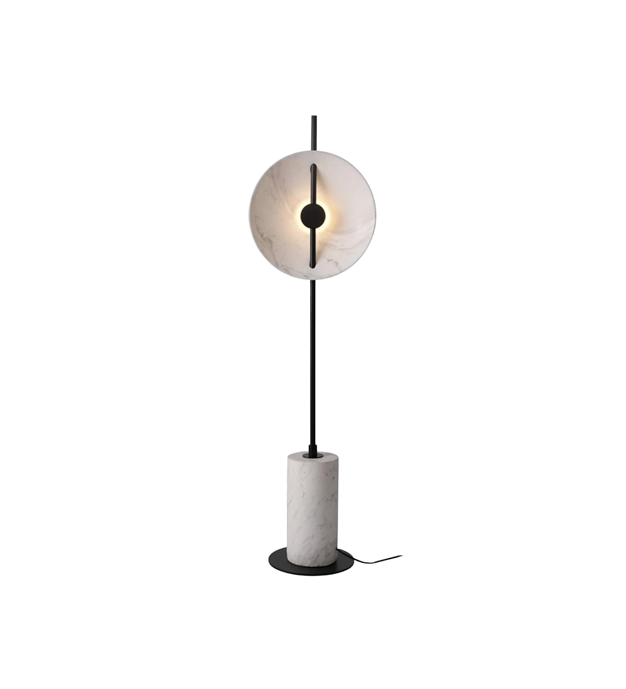 Floor lamp with white marble base and lampshade and black metal structure.