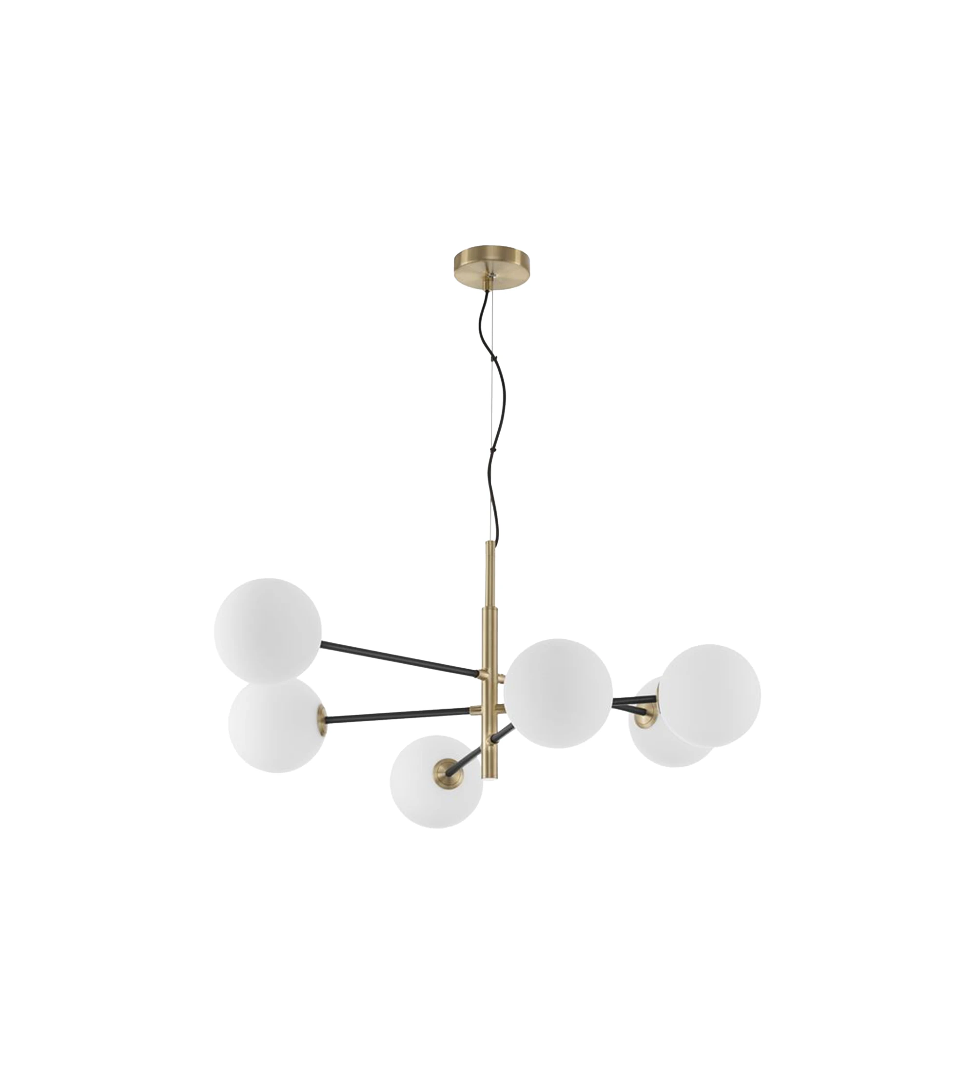  Suspension Lamp in satin gold, black metal and white opal glass.