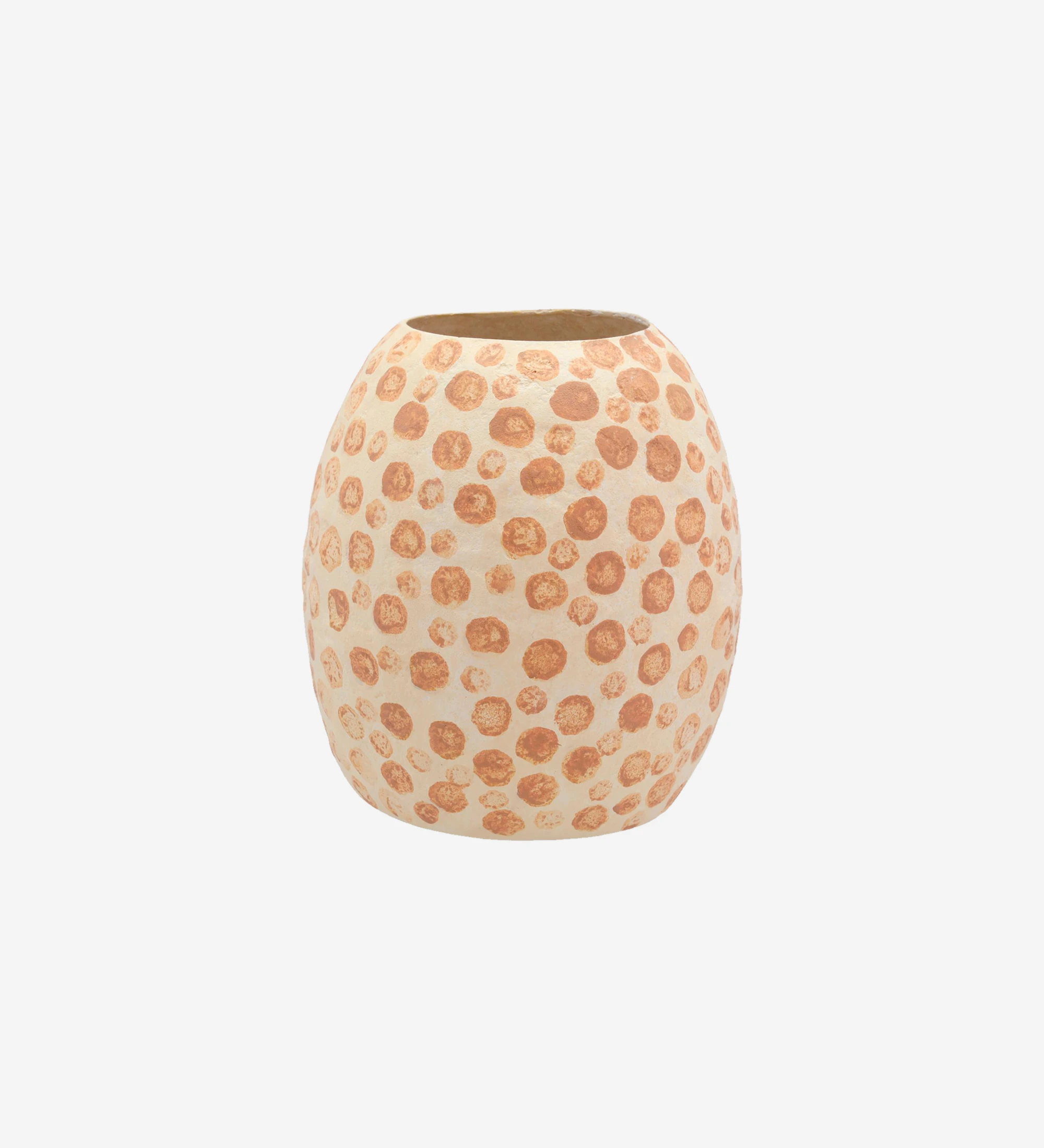 Handmade vase in cream papier-mâché with nougat-colored polka dots.