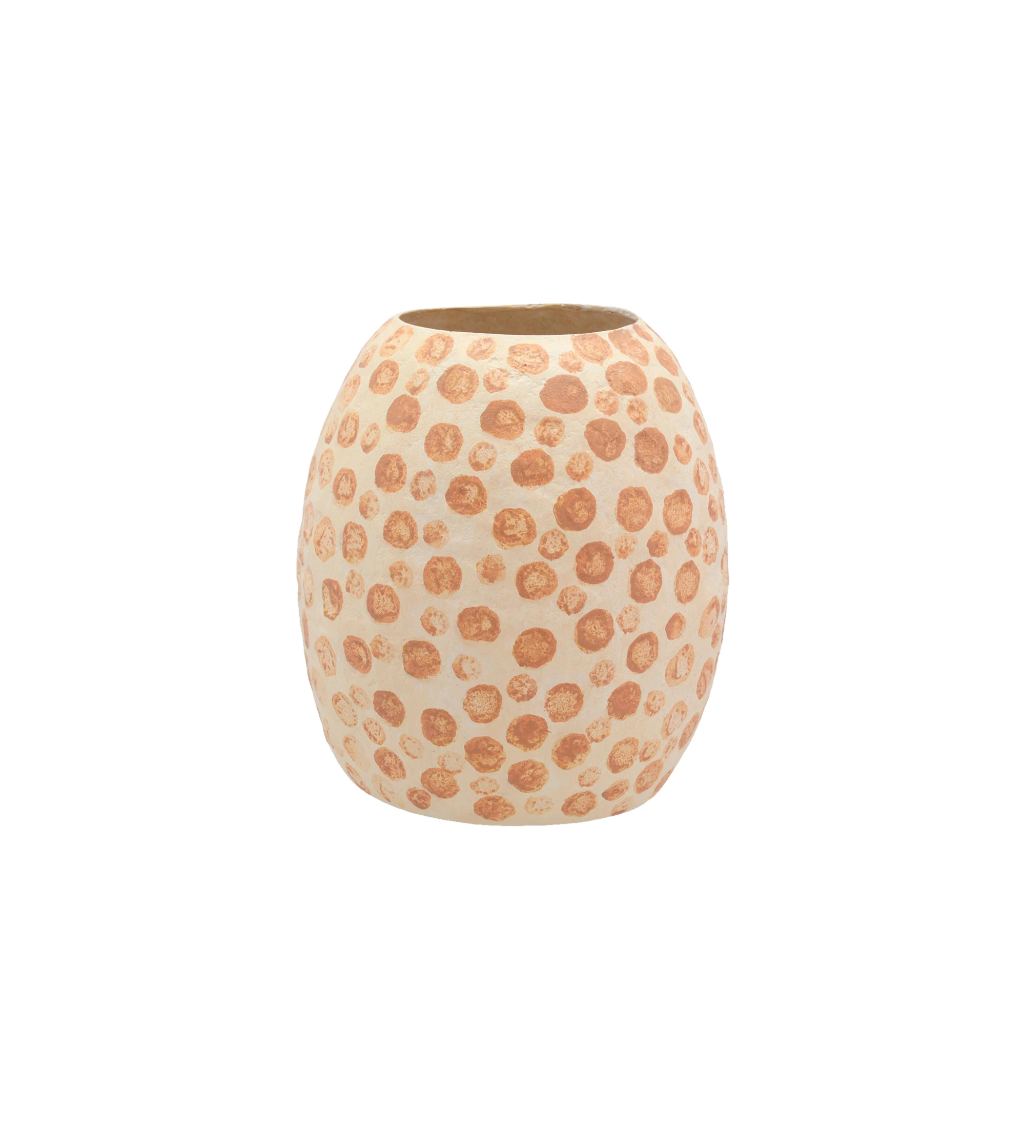 Handmade vase in cream papier-mâché with nougat-colored polka dots.