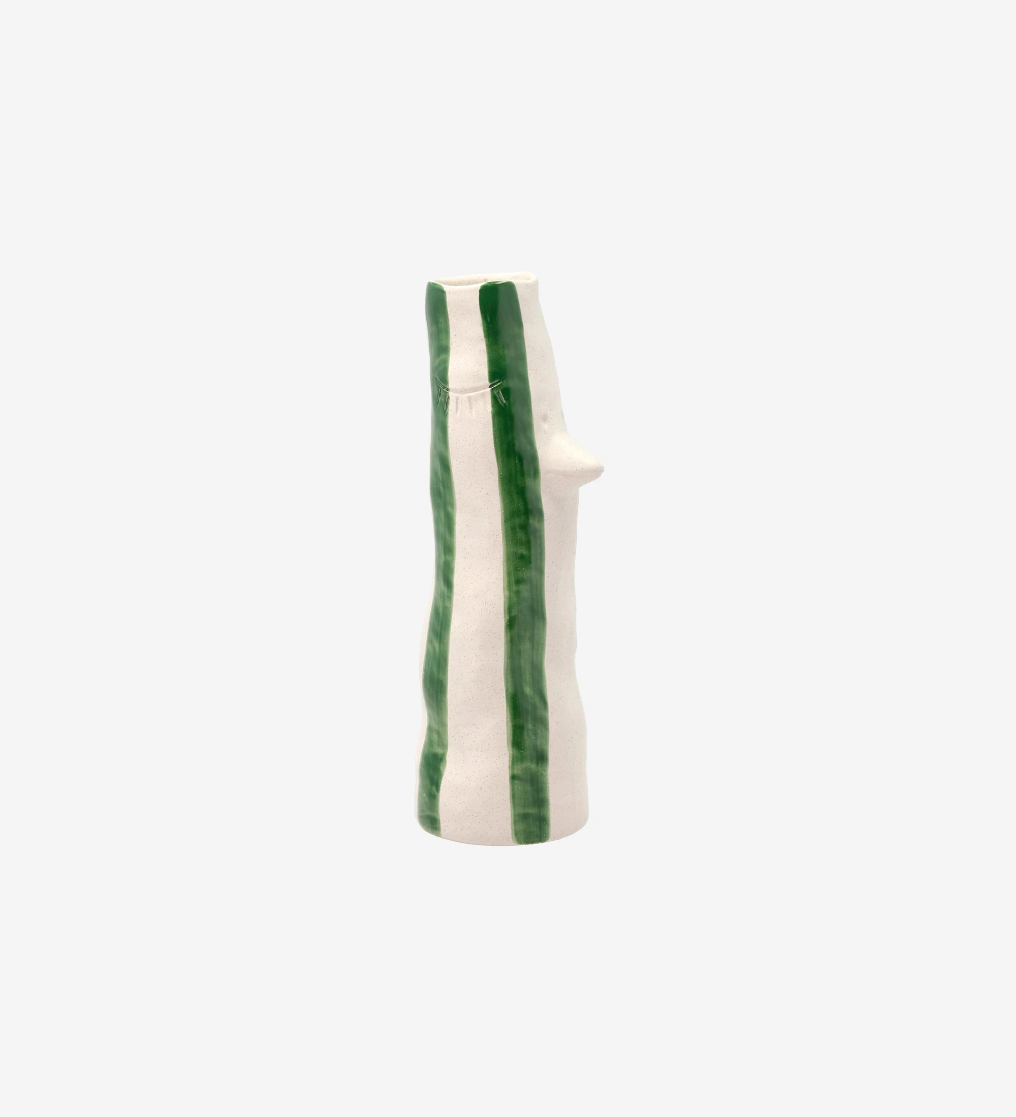 Jarrón de gres con pico y pestañas, decorado con rayas verdes pintadas a mano.