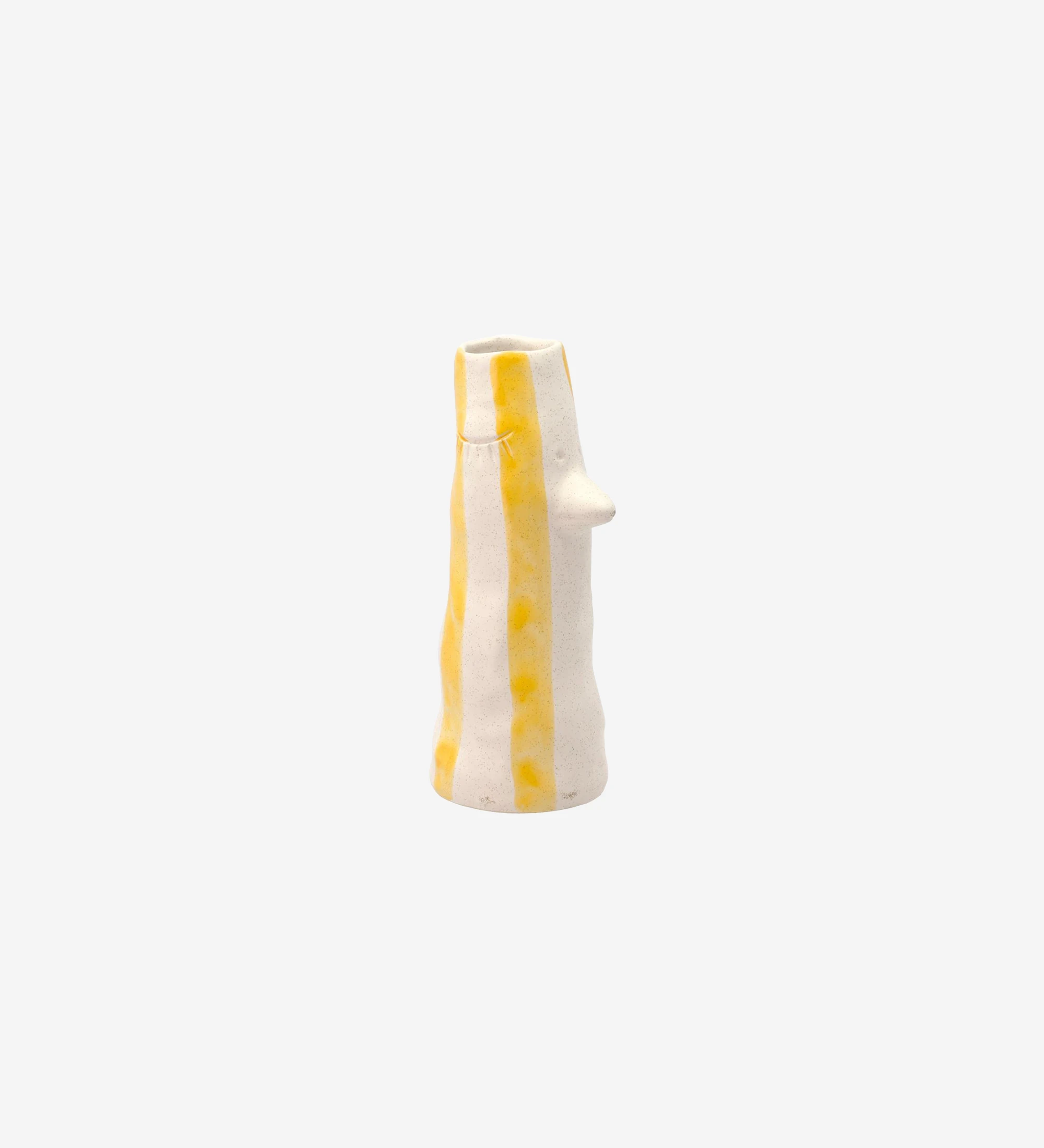 Vase à bec verseur et cils en grès, décoré de rayures jaunes peintes à la main.