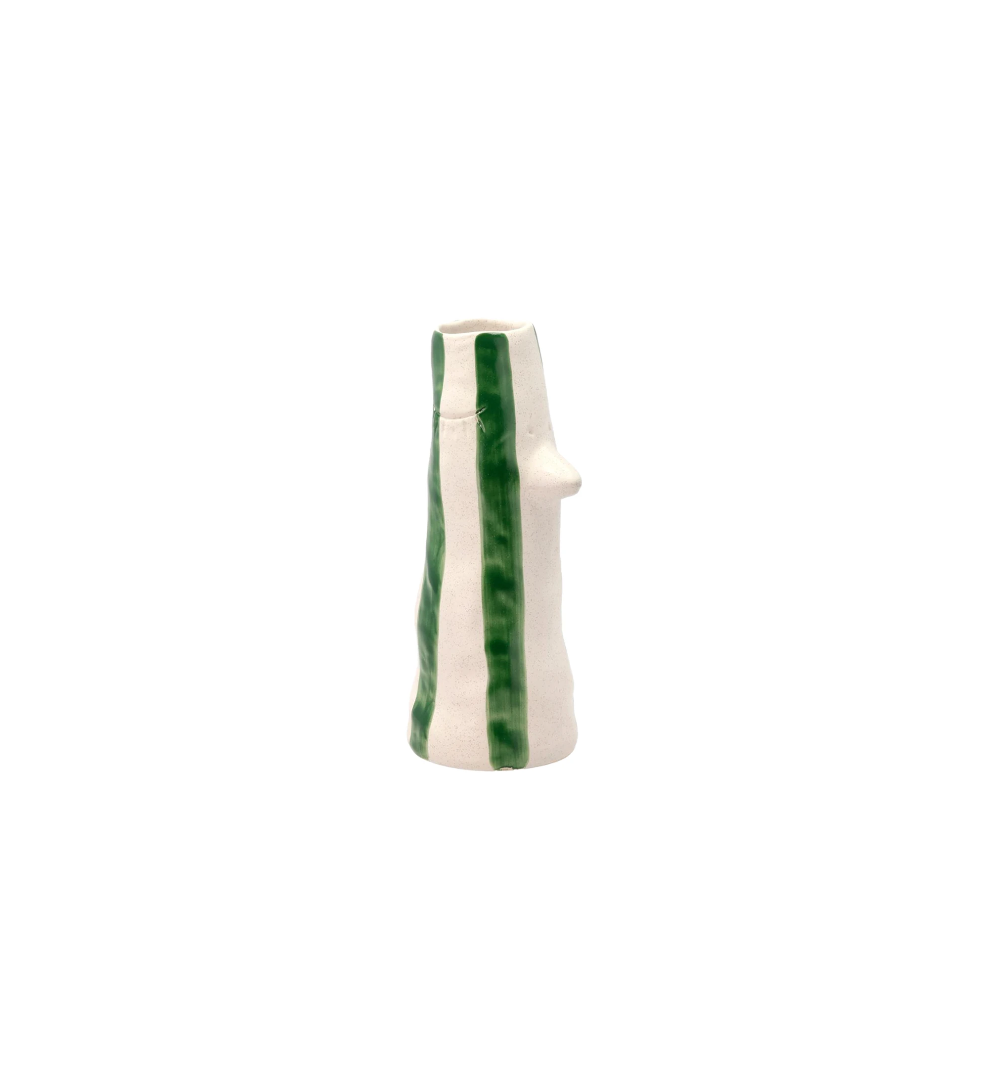 Jarrón de gres con pico y pestañas, decorado con rayas verdes pintadas a mano.
