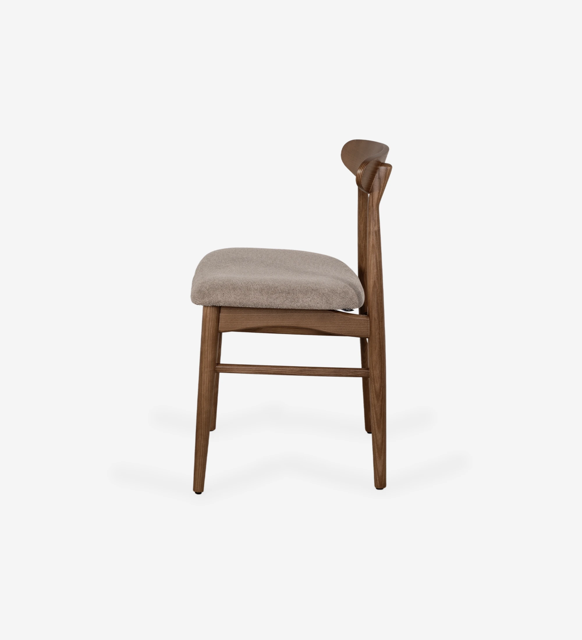 Chair with walnut wood structure and fabric upholstered seat.