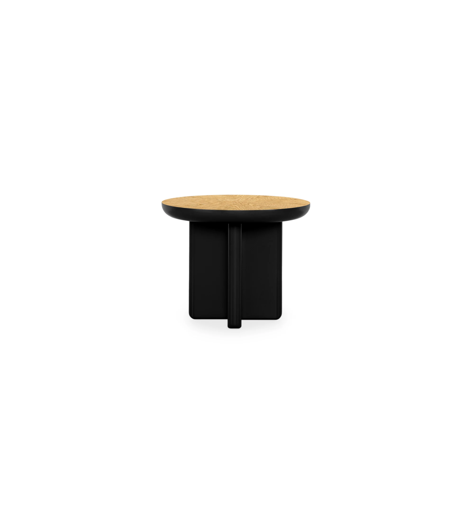 Mónaco round center table in black lacquer with natural oak veneer top, Ø 55 cm.