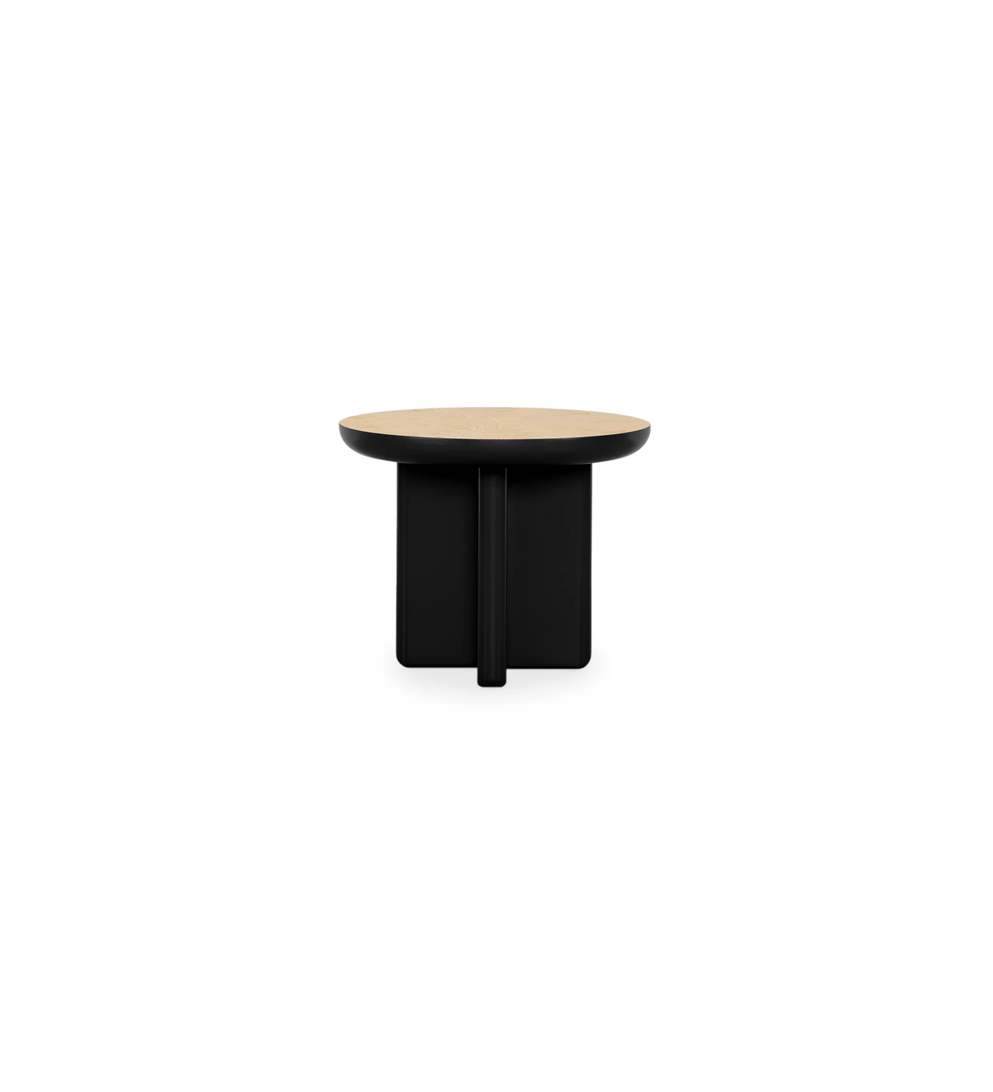 Mónaco round center table in black lacquer with natural oak veneer top, Ø 55 cm.