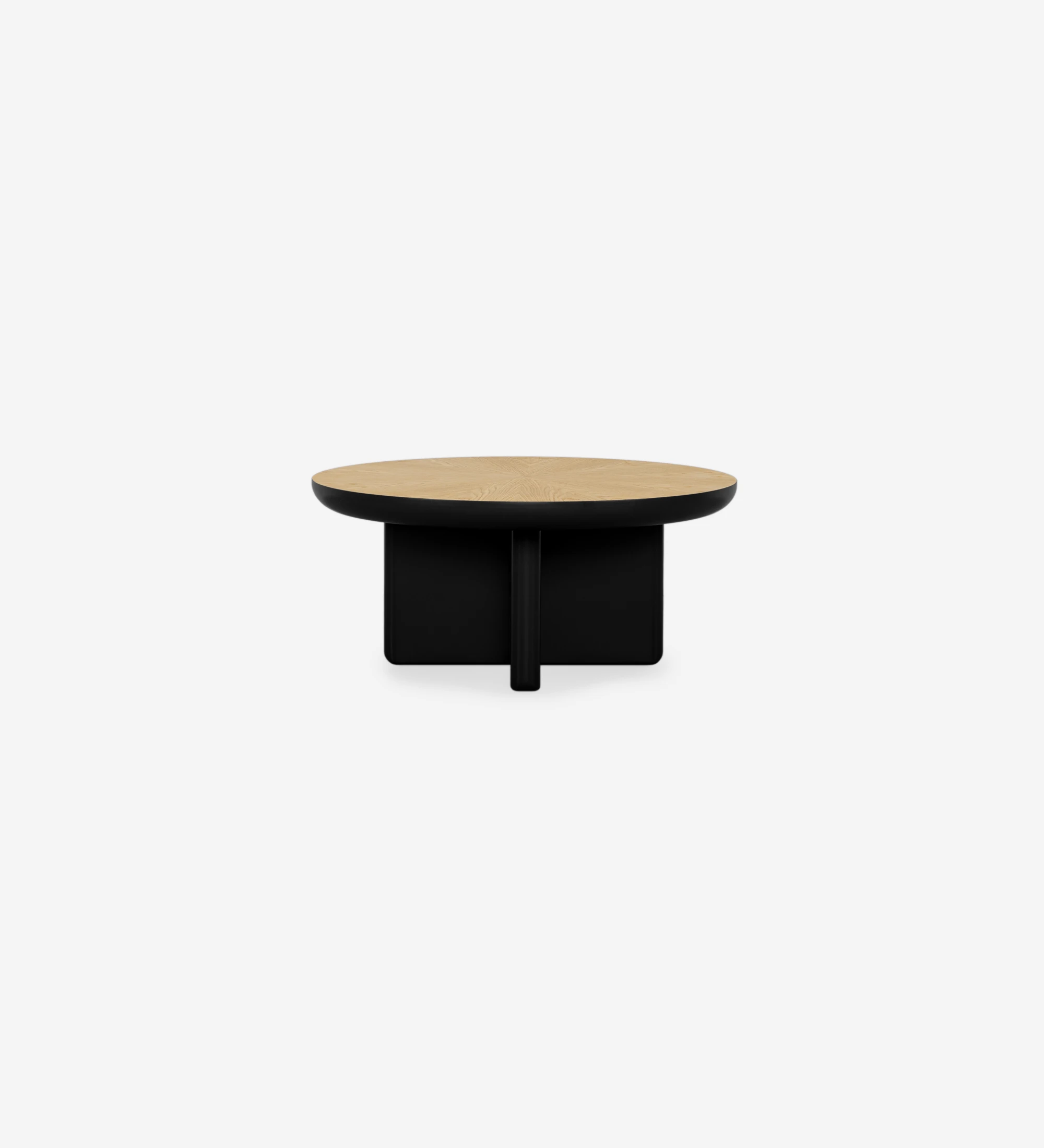 Mónaco round center table in black lacquer with natural oak veneer top, Ø 75 cm.