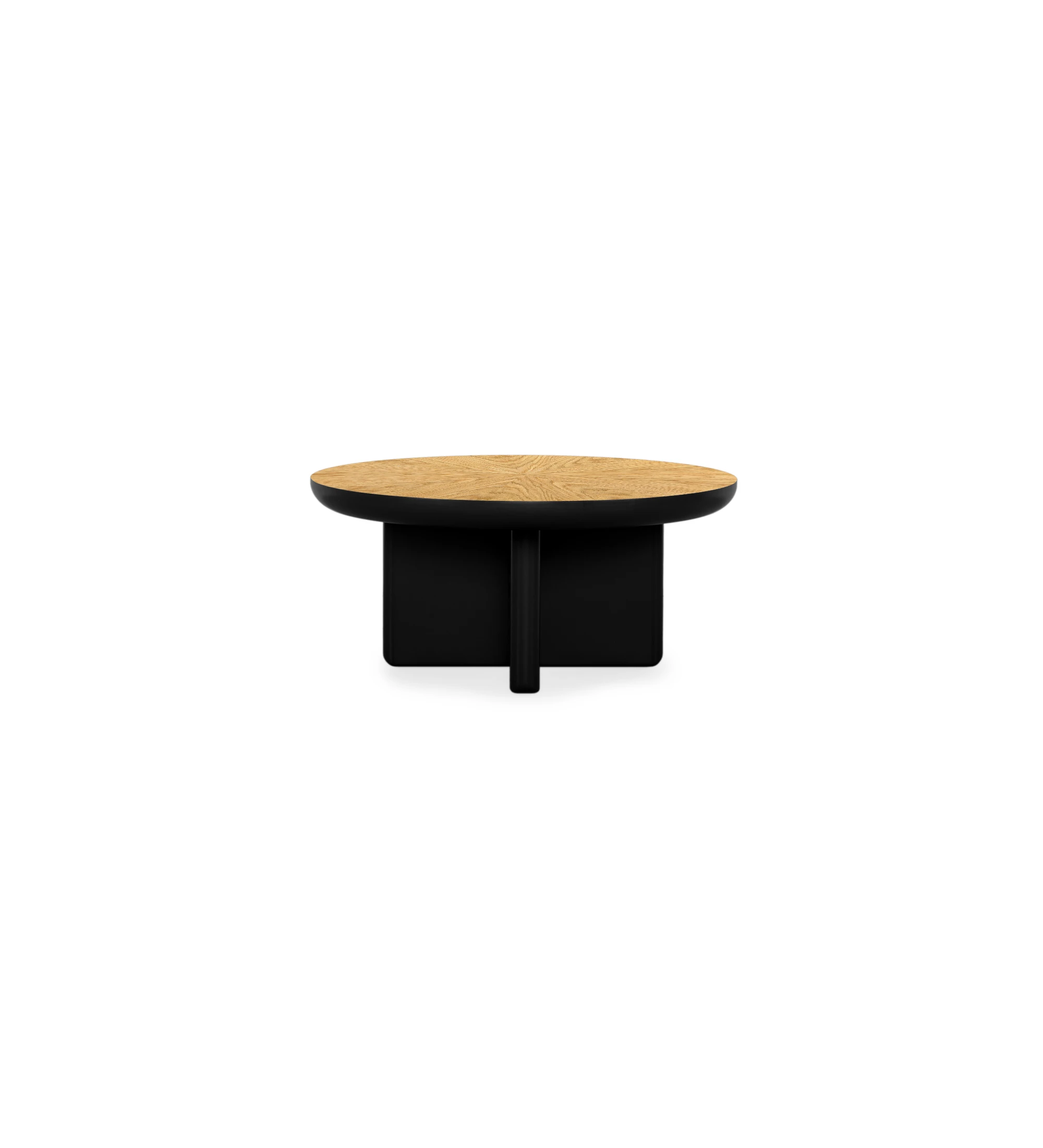 Table basse Monaco en laque noire avec plateau en placage de chêne naturel, Ø 75 cm.