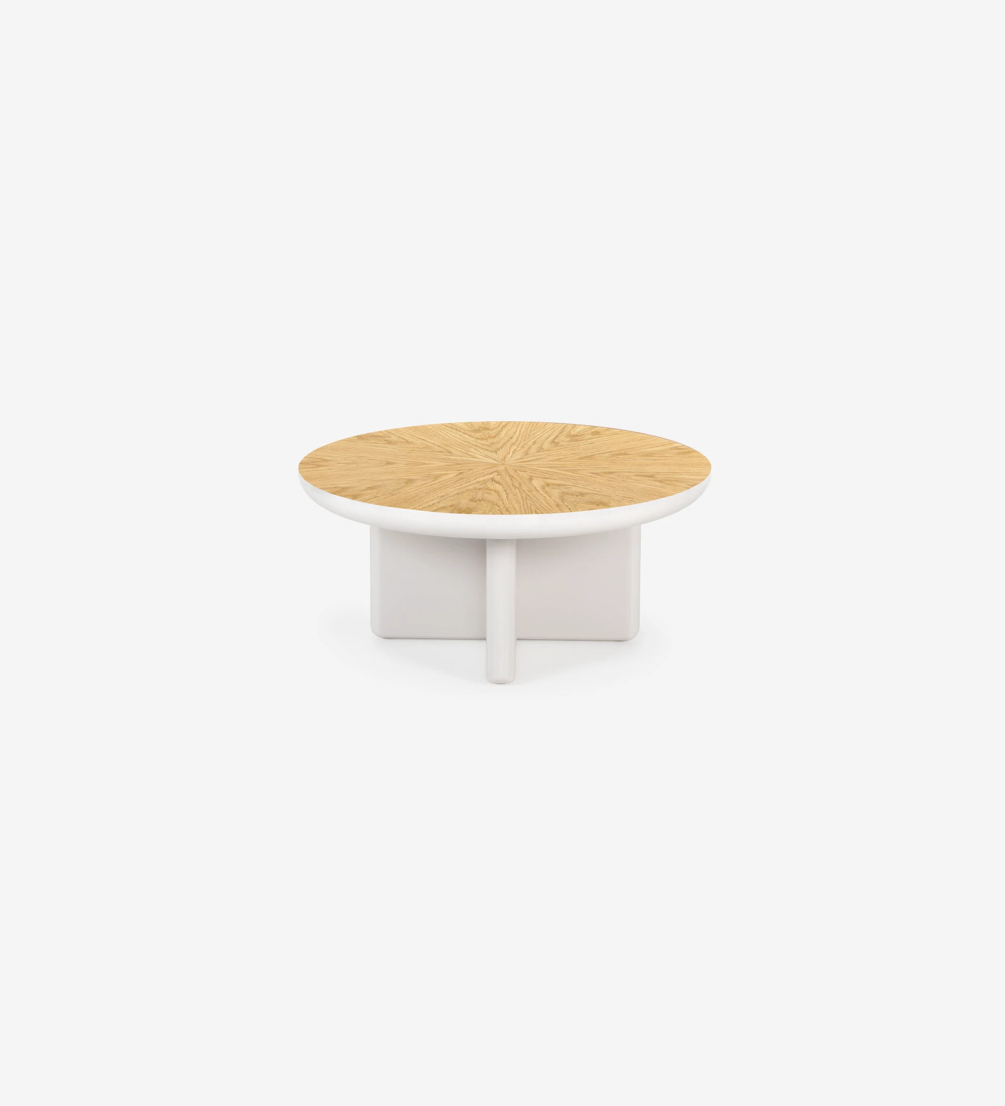 Mónaco round center table in pearl lacquer with natural oak veneer top, Ø 75 cm.