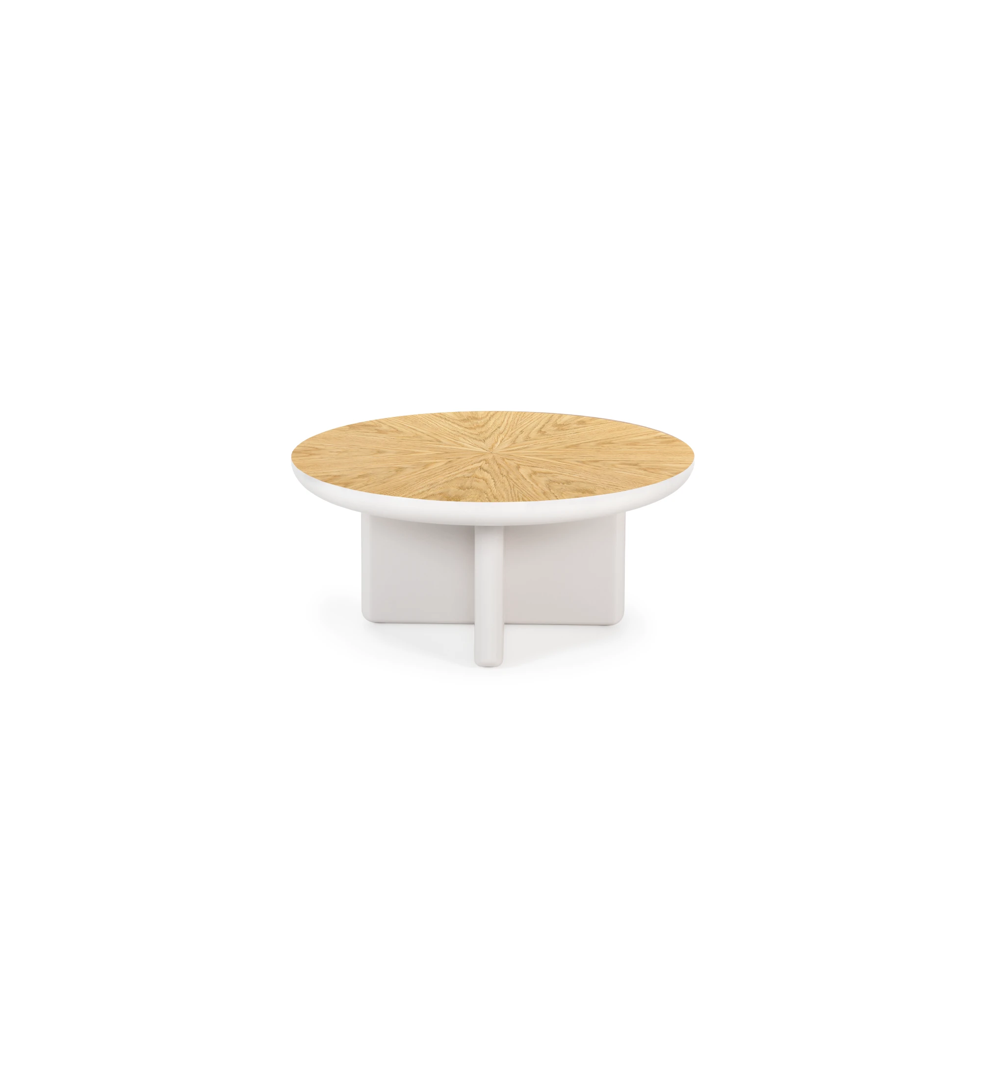 Mesa de centro Monaco lacada en perla con tapa chapada en roble natural, Ø 75 cm.