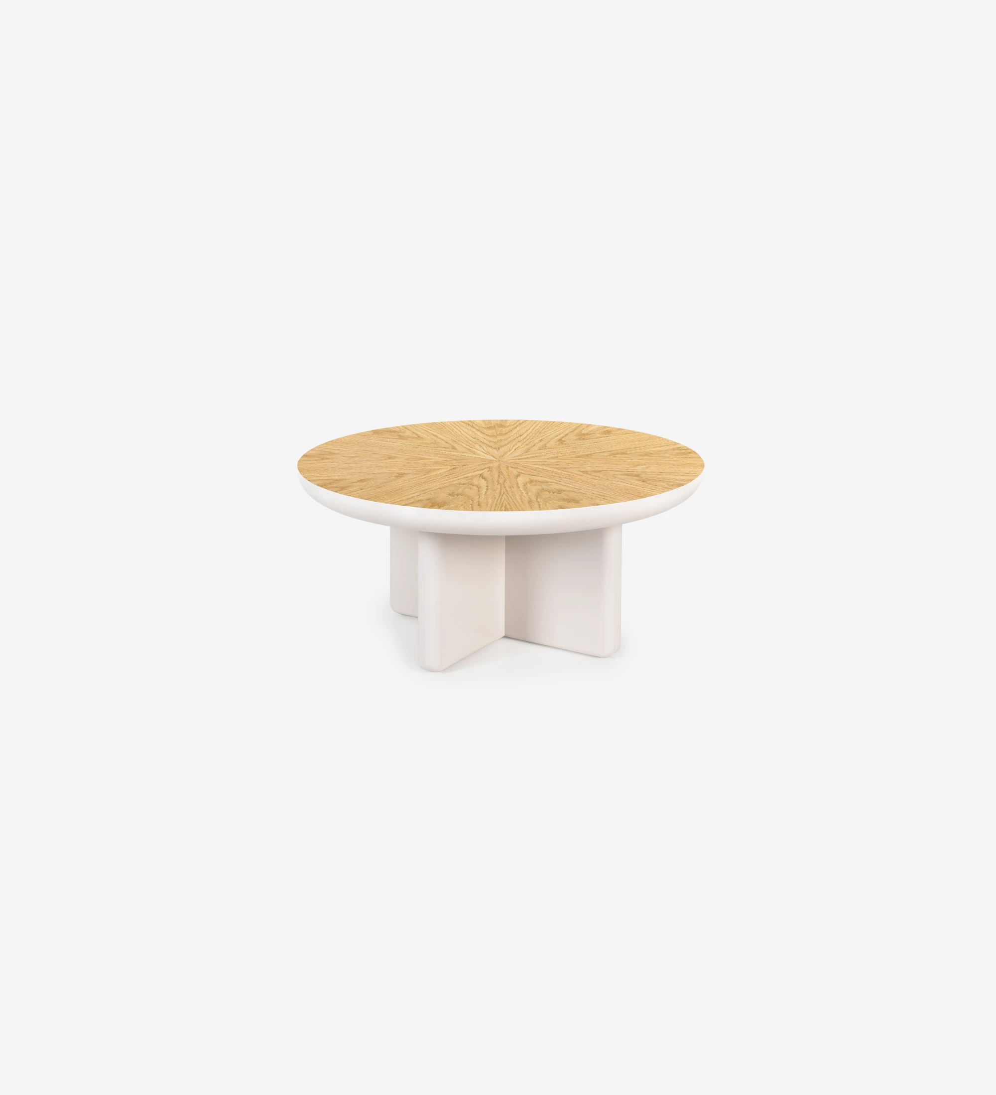 Mónaco round center table in pearl lacquer with natural oak veneer top, Ø 75 cm.