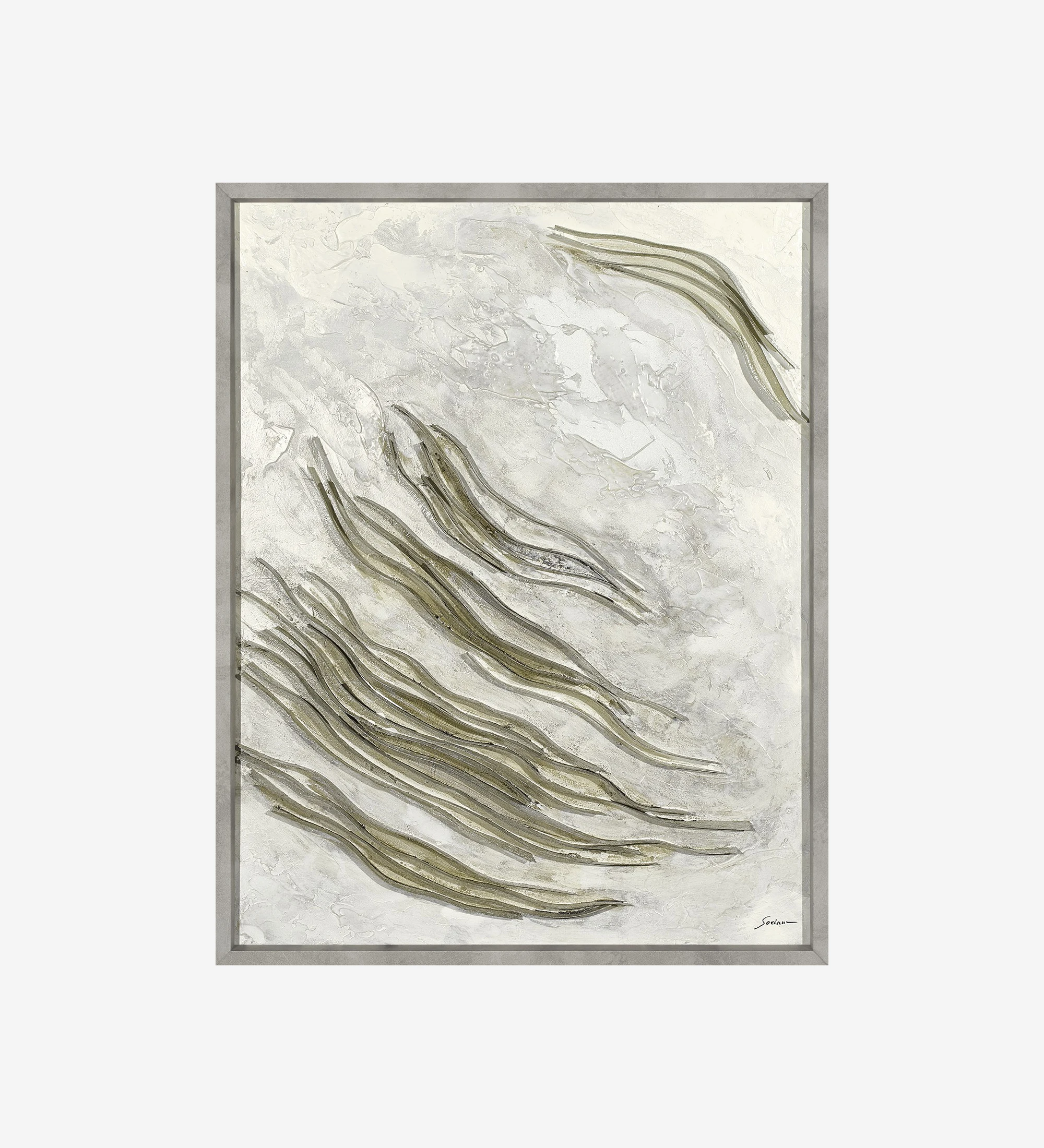 Abstract painting framework in light and green gray shades, wooden gray color frame, 70 x 90 cm.