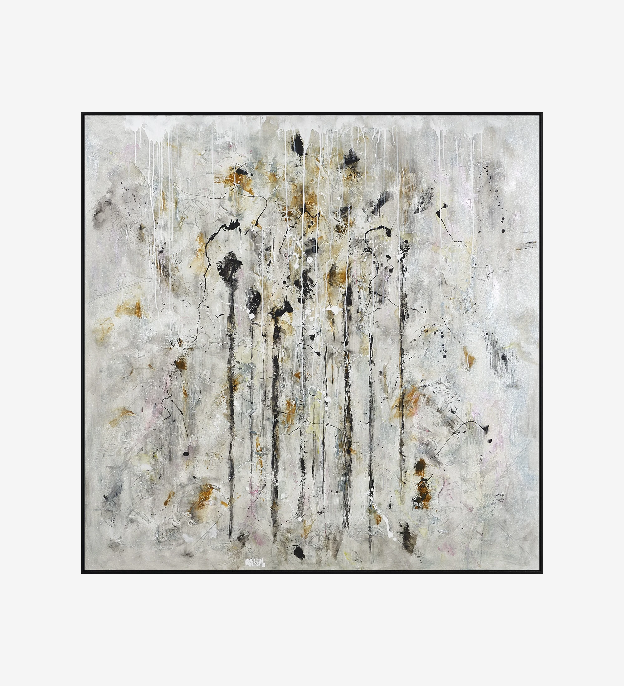 Cuadro abstracto en tonos neutros, marco de madera negro, 100 x 100 cm.