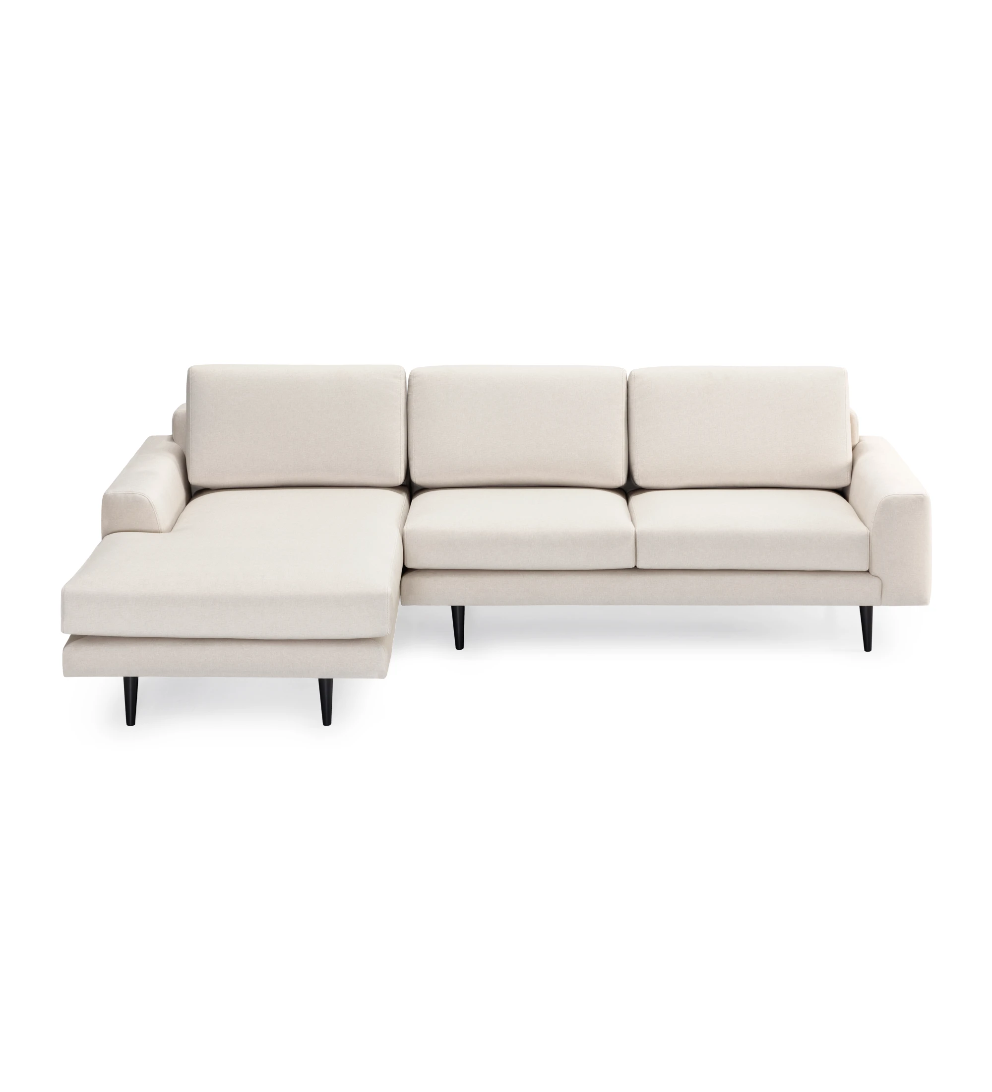 Sofá Oslo 2 plazas y chaise longue izquierda, tapizado en tela beige, pies lacados marrón oscuro, 262 cm.