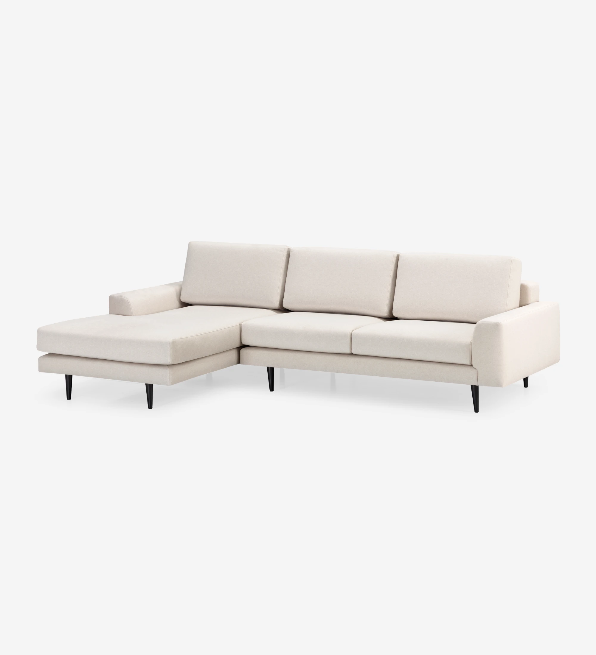 Sofá Oslo 2 plazas y chaise longue izquierda, tapizado en tela beige, pies lacados marrón oscuro, 262 cm.