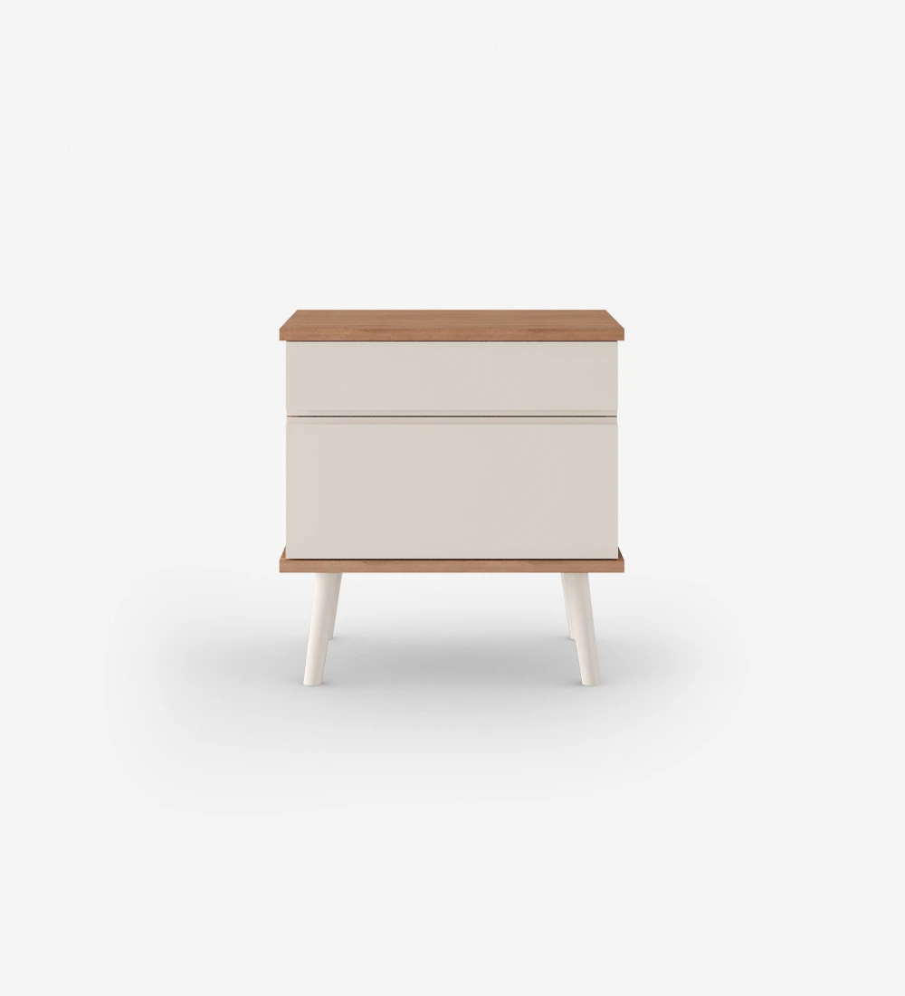 Bedside Table with 2 drawers and turned feet lacquered in pearl, walnut structure.