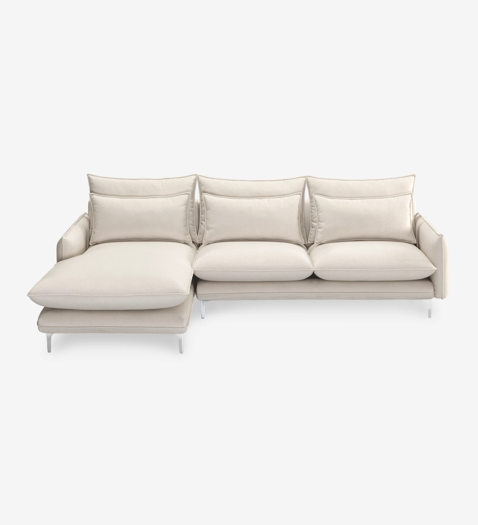 Veneza 3-seater sofa and right chaise longue, upholstered in beige fabric, metal feet, 259 cm.