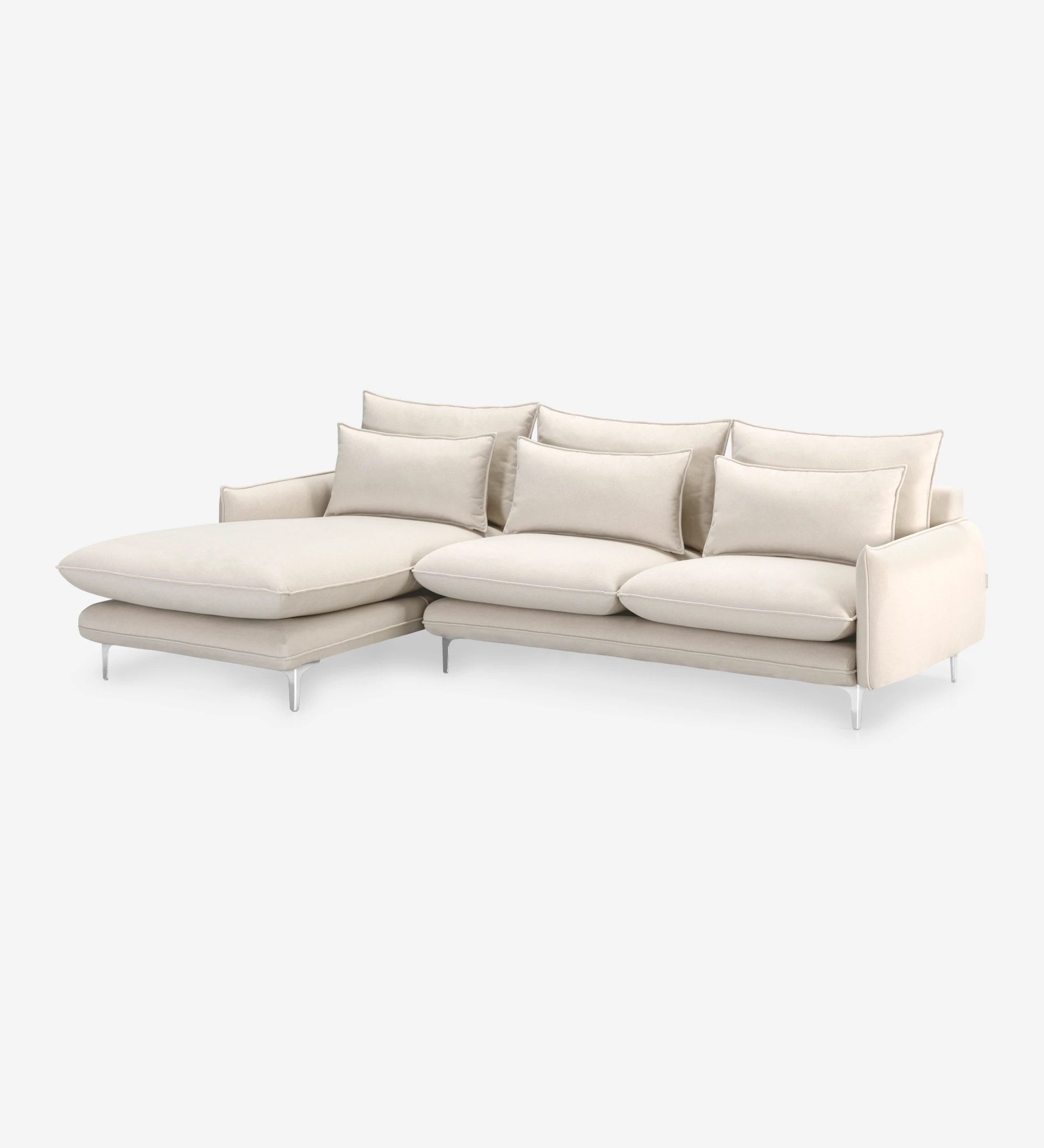 Veneza 3-seater sofa and right chaise longue, upholstered in beige fabric, metal feet, 259 cm.