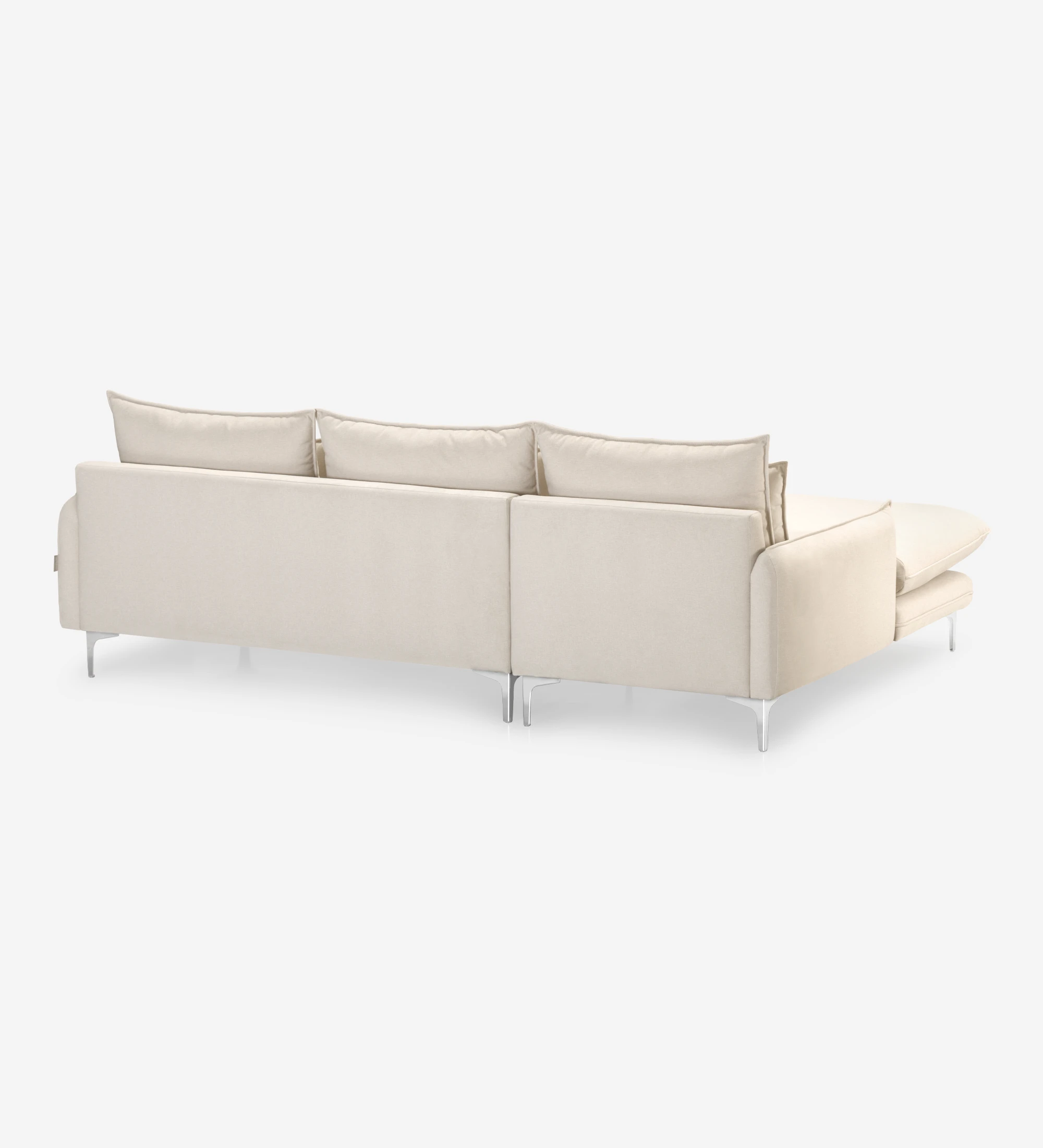 Canapé Veneza 3 places et chaise longue droite, recouvert en tissu beige, pieds en métal, 259 cm.