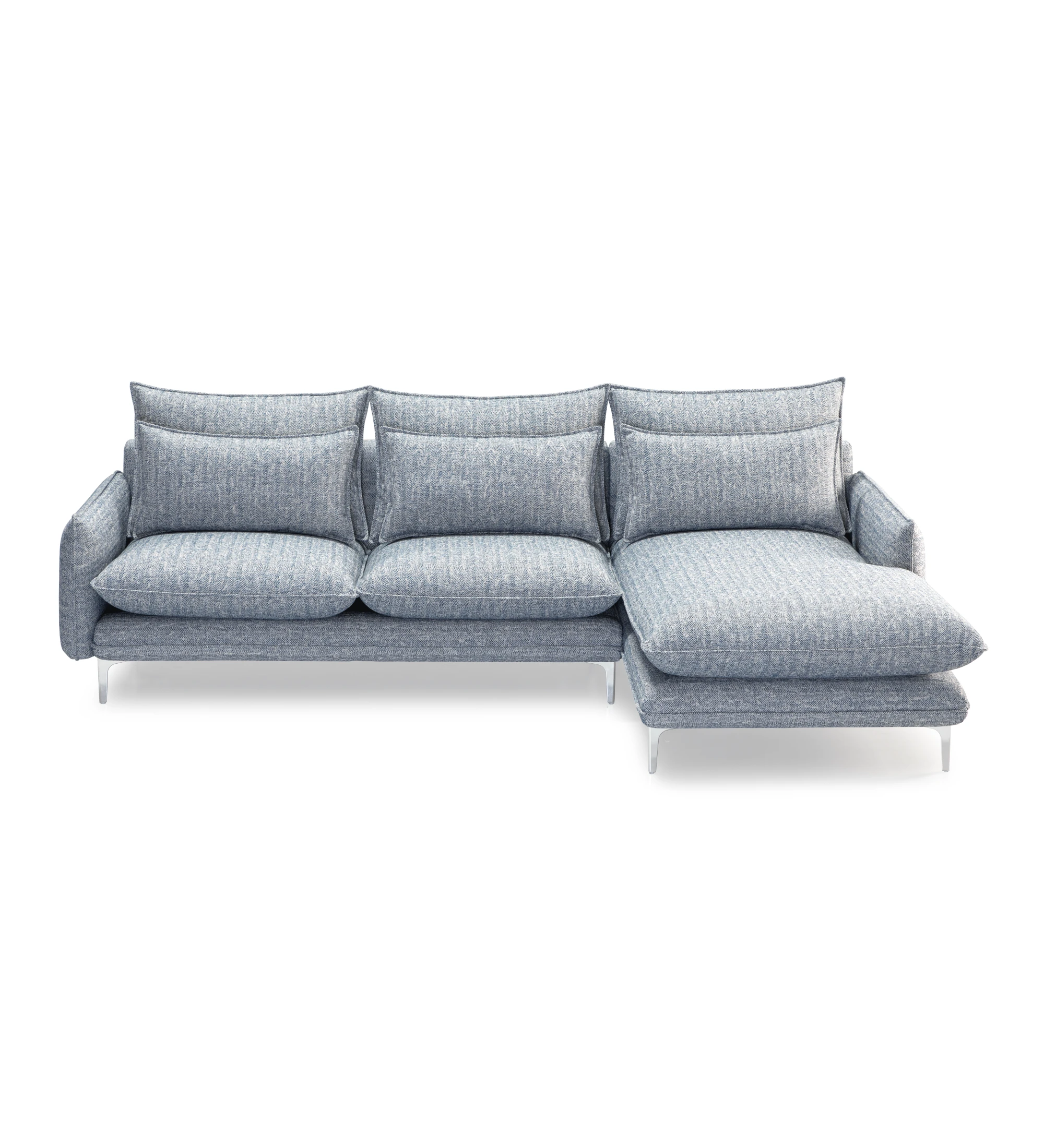 Canapé Veneza 3 places et chaise longue gauche, recouvert en tissu bleu, pieds en métal, 259 cm.