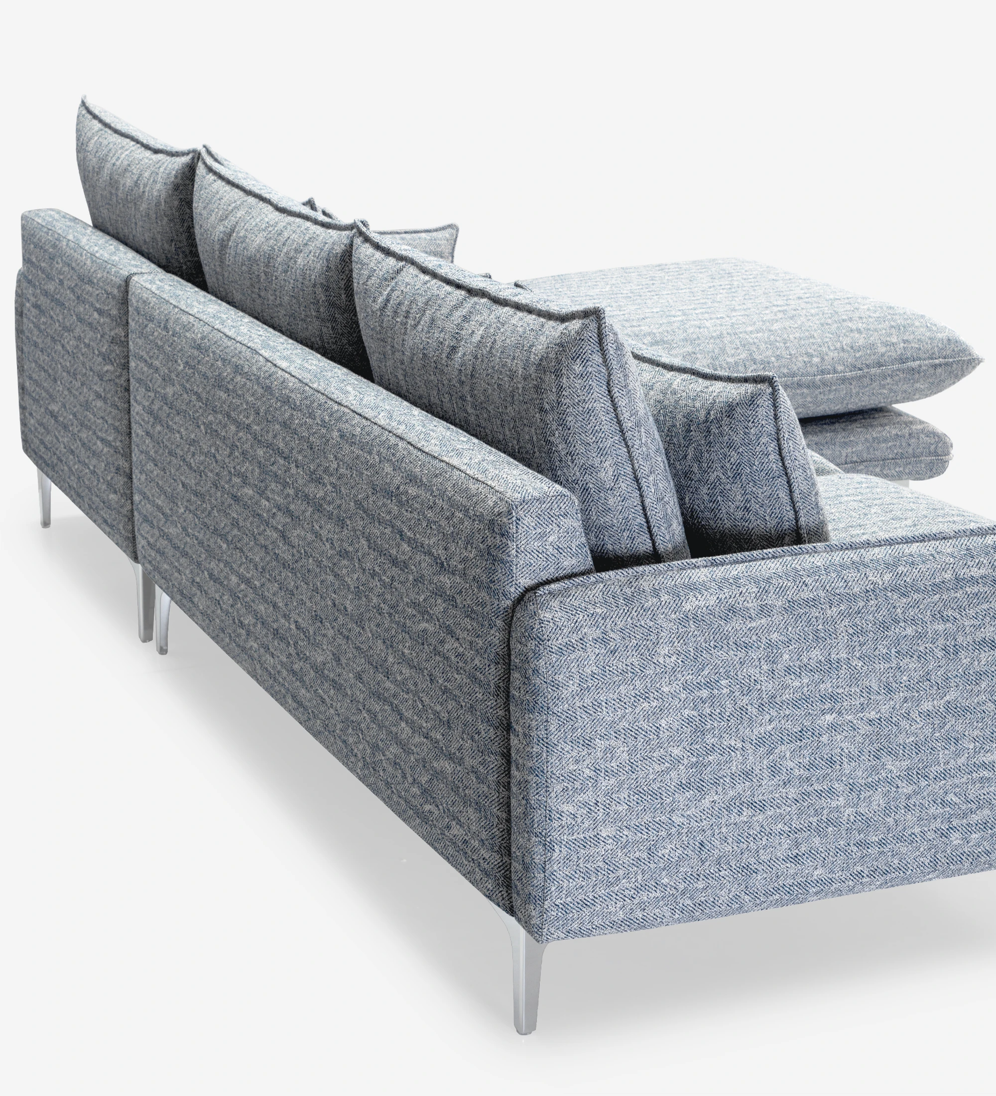 Veneza 2-seater sofa and left chaise longue, upholstered in blue fabric, metal feet, 259 cm.