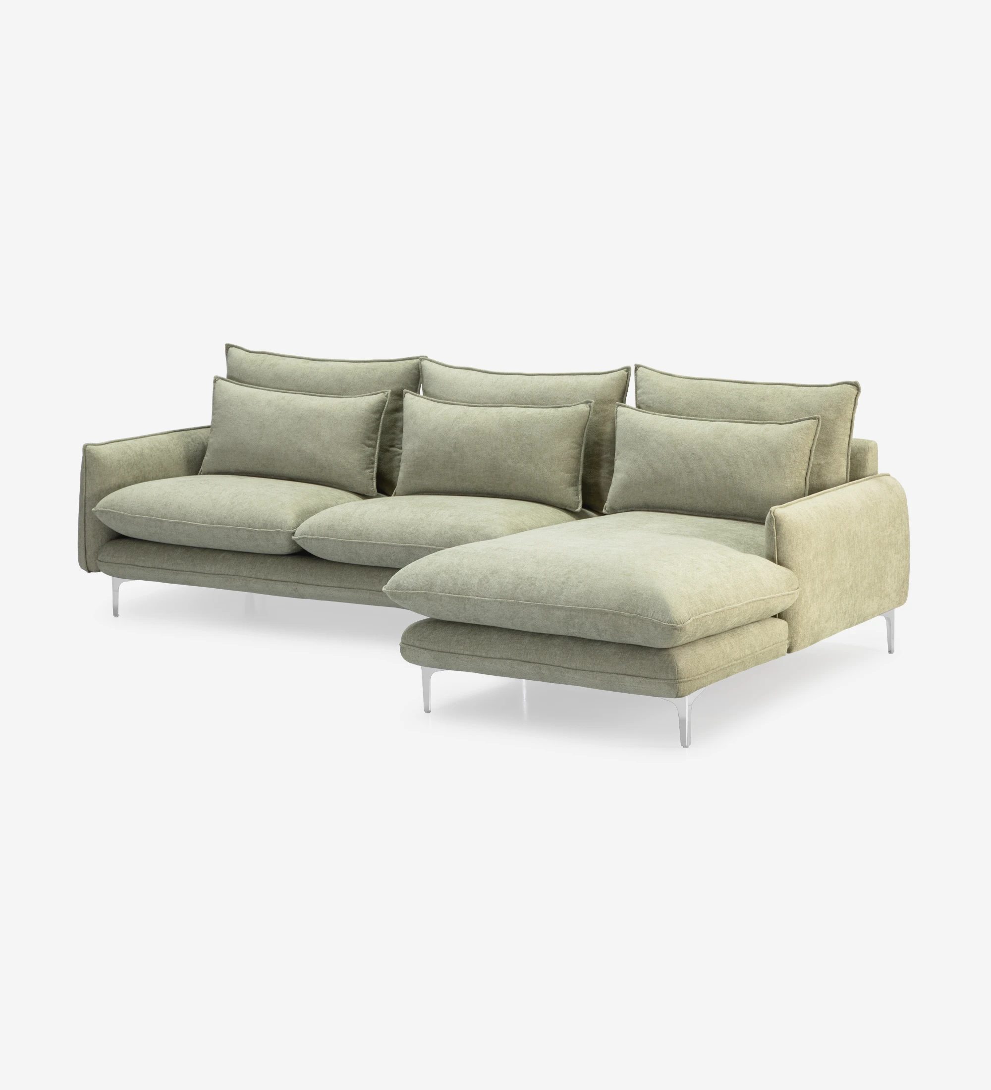 Veneza 2-seater sofa and left chaise longue, upholstered in green fabric, metal feet, 259 cm.